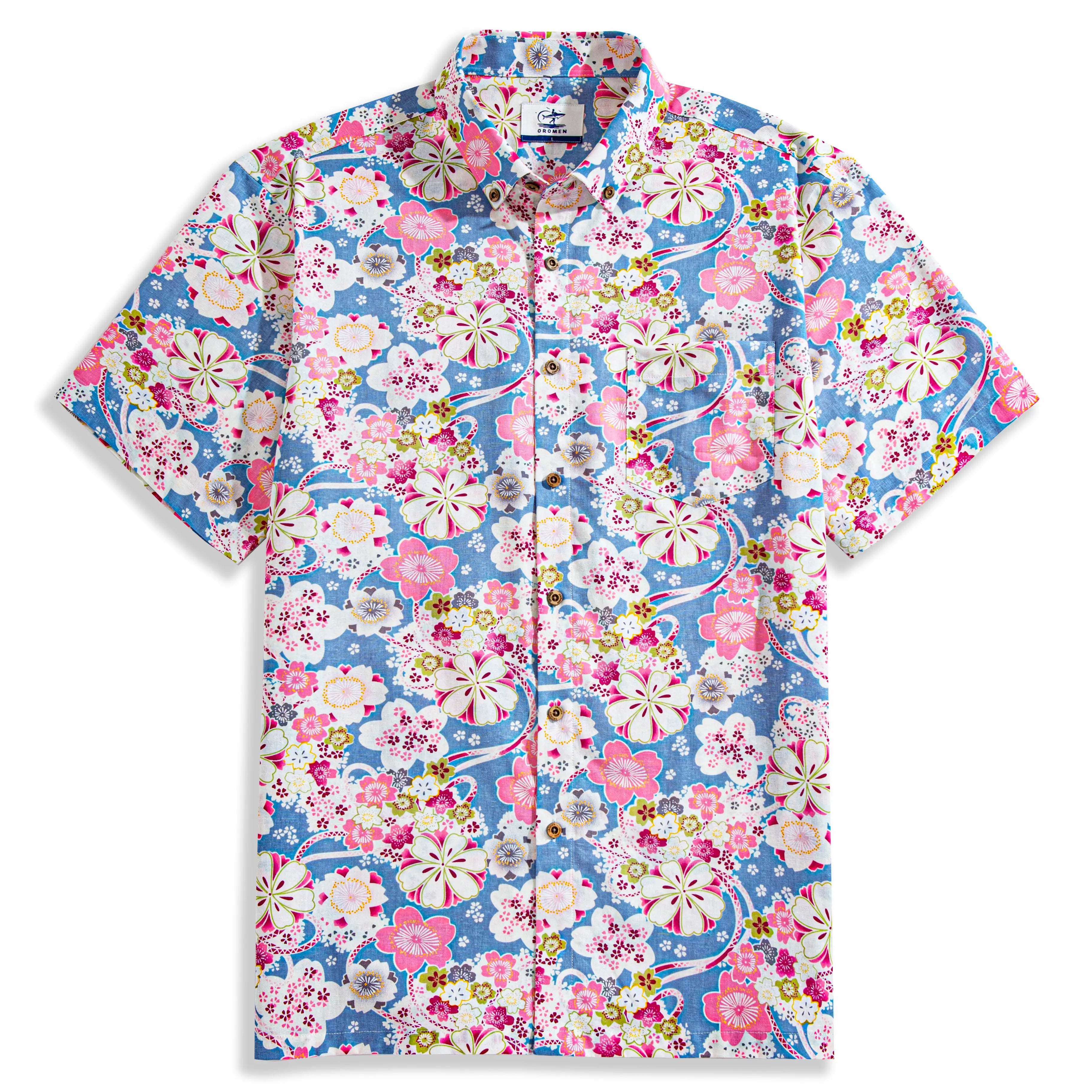 Japanese sakura temari cotton shirt in blue - OROMEN hand-painted design