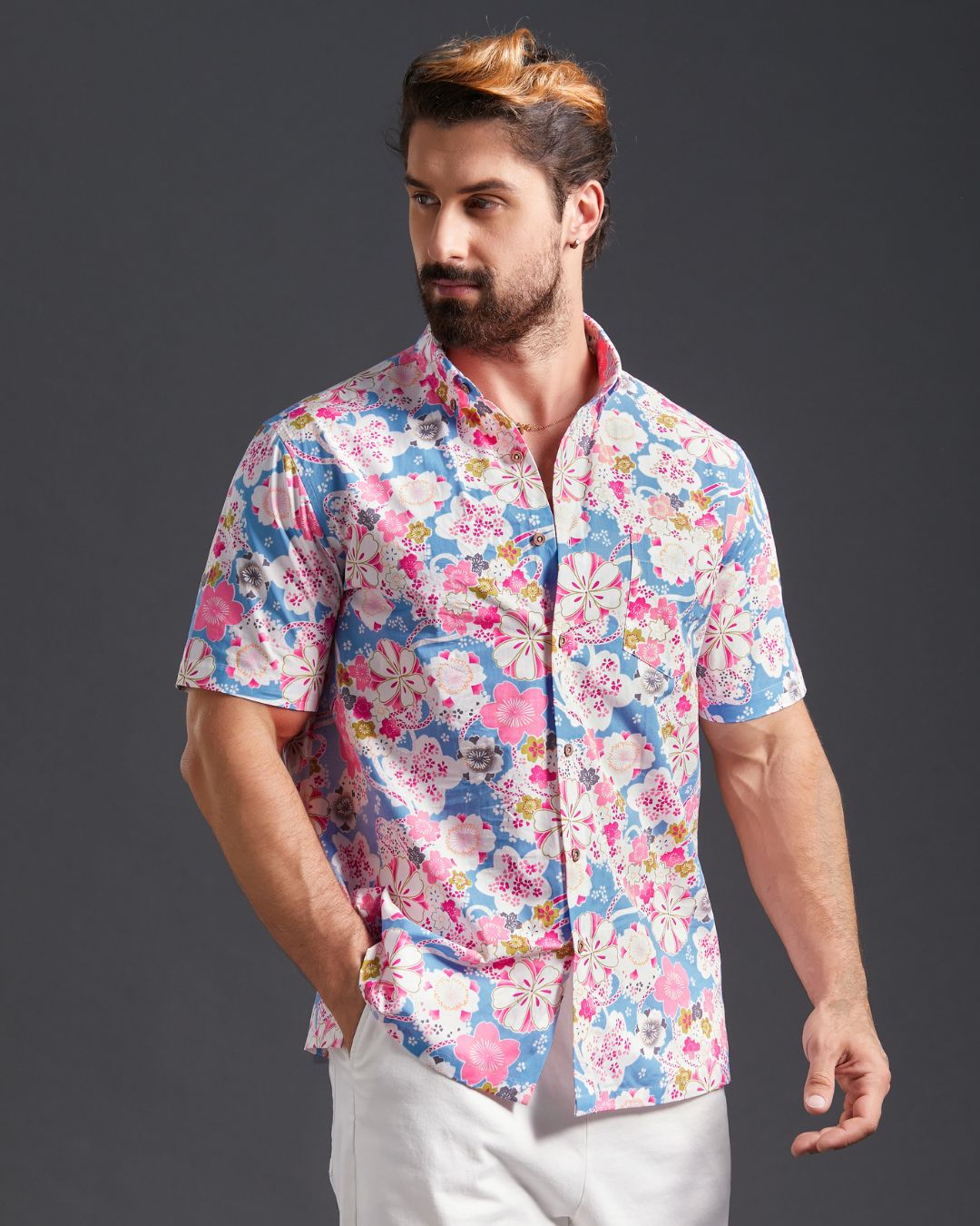 Sakura Temari Japanese Cotton Shirt - Hand-Painted Cherry Blossom