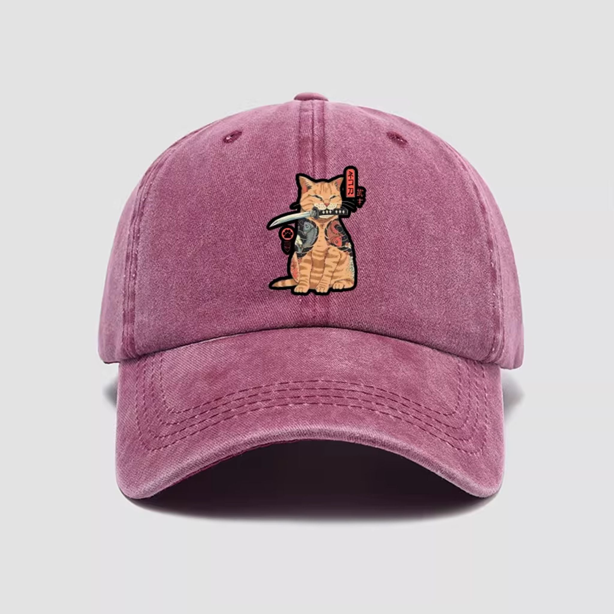 Japanese samurai cat dad hat - side angle showing embroidery detail