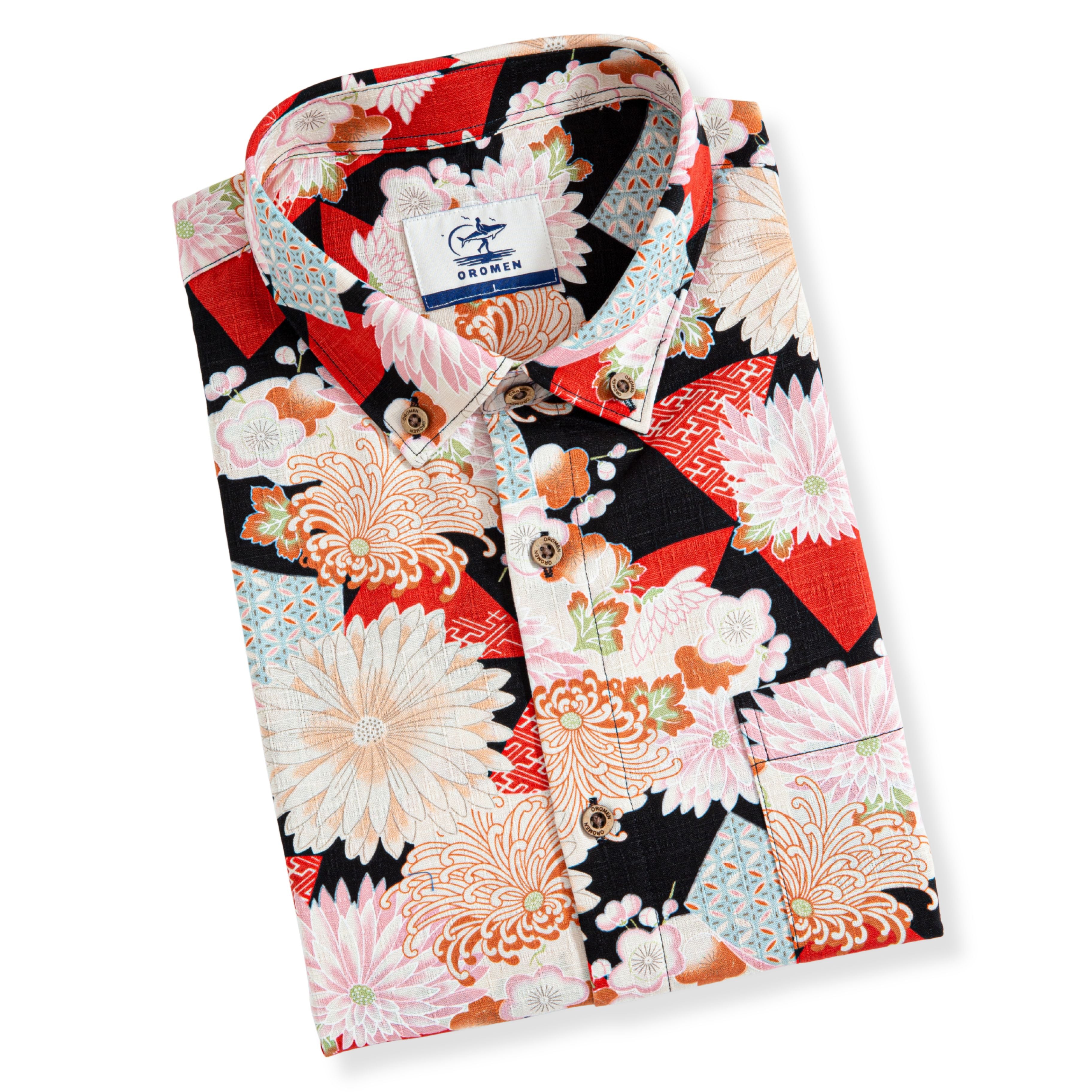 OROMEN Men's 100% Cotton Button-Down Short Sleeve Japanese Ukiyo-e