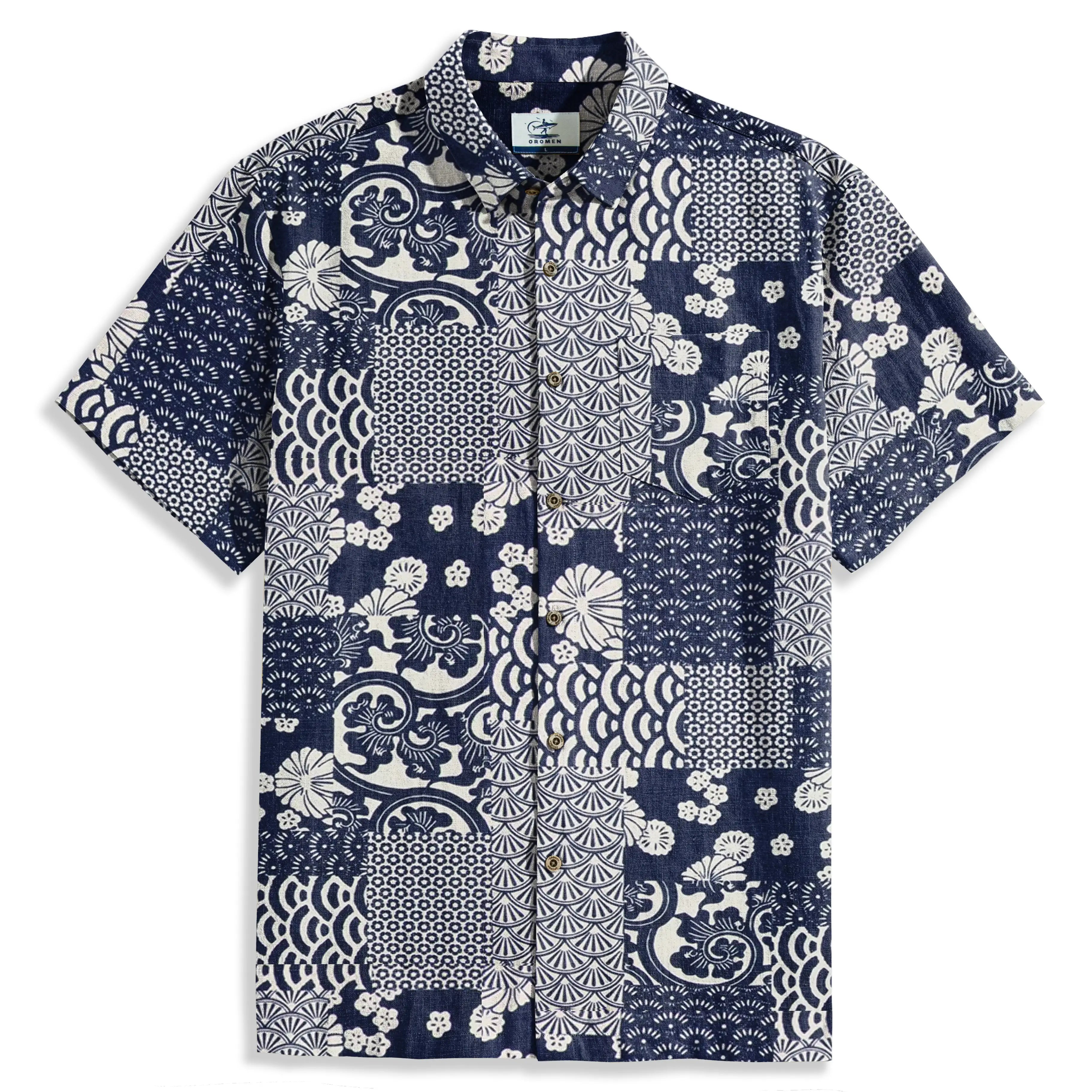 Japanese ukiyoe collage aloha shirt navy blue OROMEN