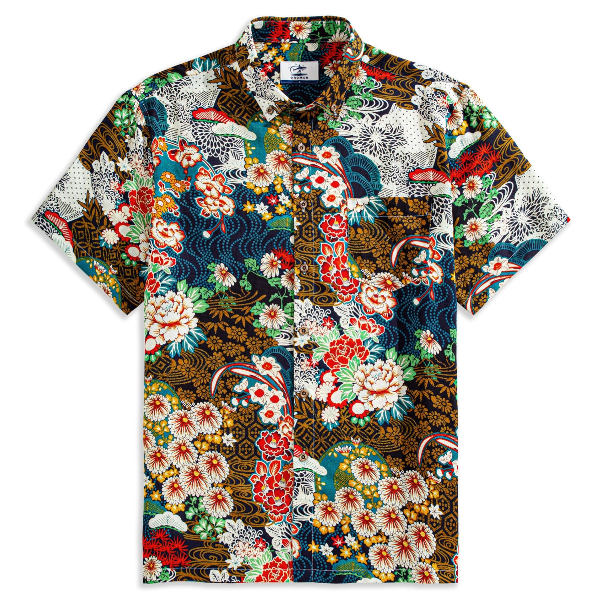 Japanese ukiyoe garden aloha shirt front view - brown floral print