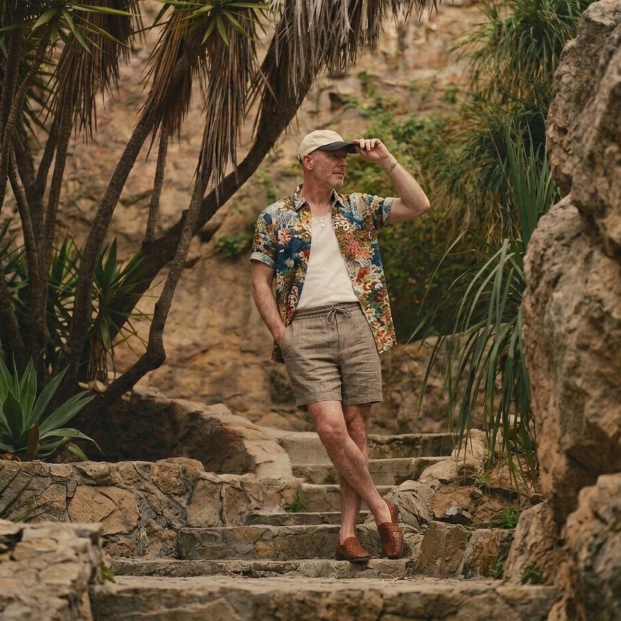 Japanese ukiyoe garden aloha shirt in model wearing brown floral print
