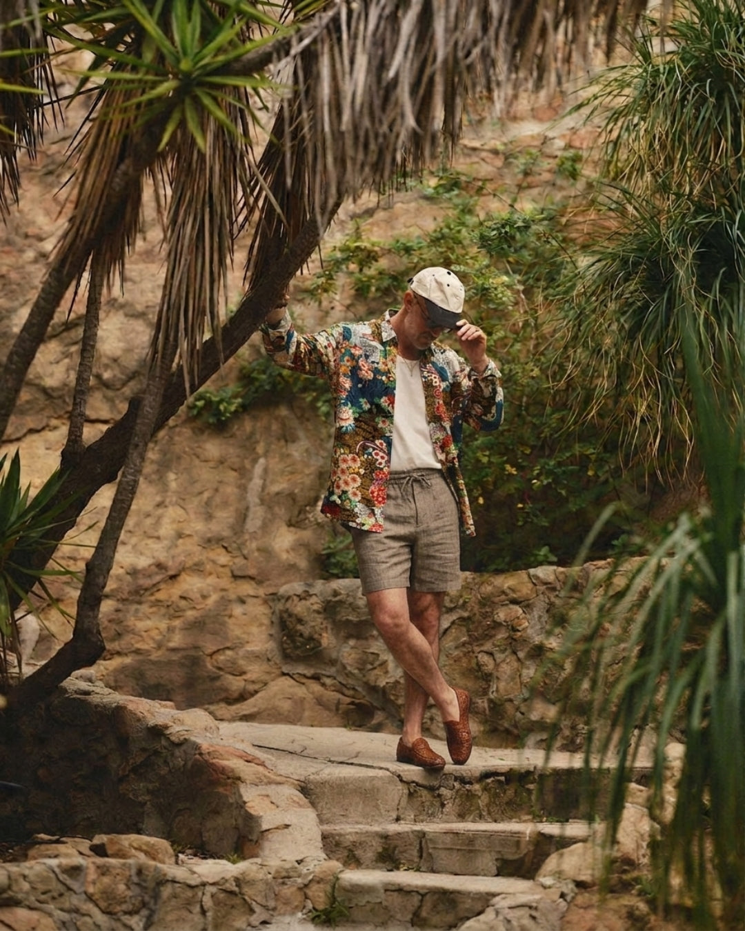 Japanese ukiyoe garden aloha shirt model view brown floral print