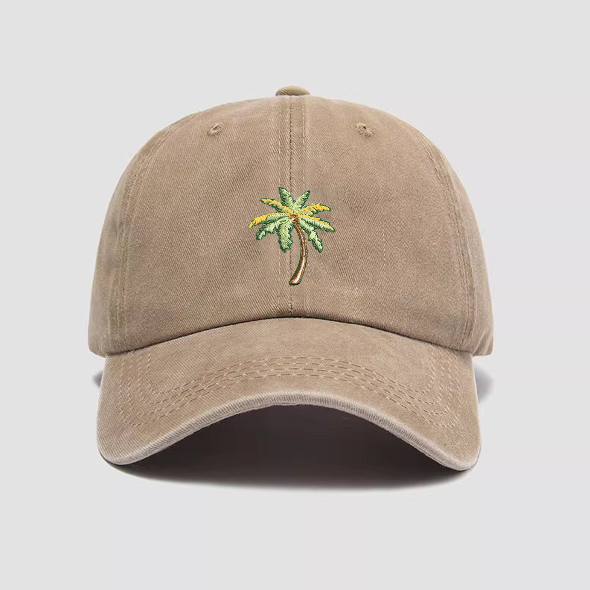 Khaki cotton denim cap with palm tree embroidery - OROMEN