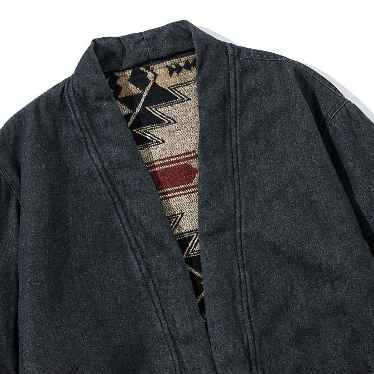 Large side pocket detail, OROMEN KIMONO017 Vintage Kimono Coat, functional deep pocket, Navajo flannel fabric