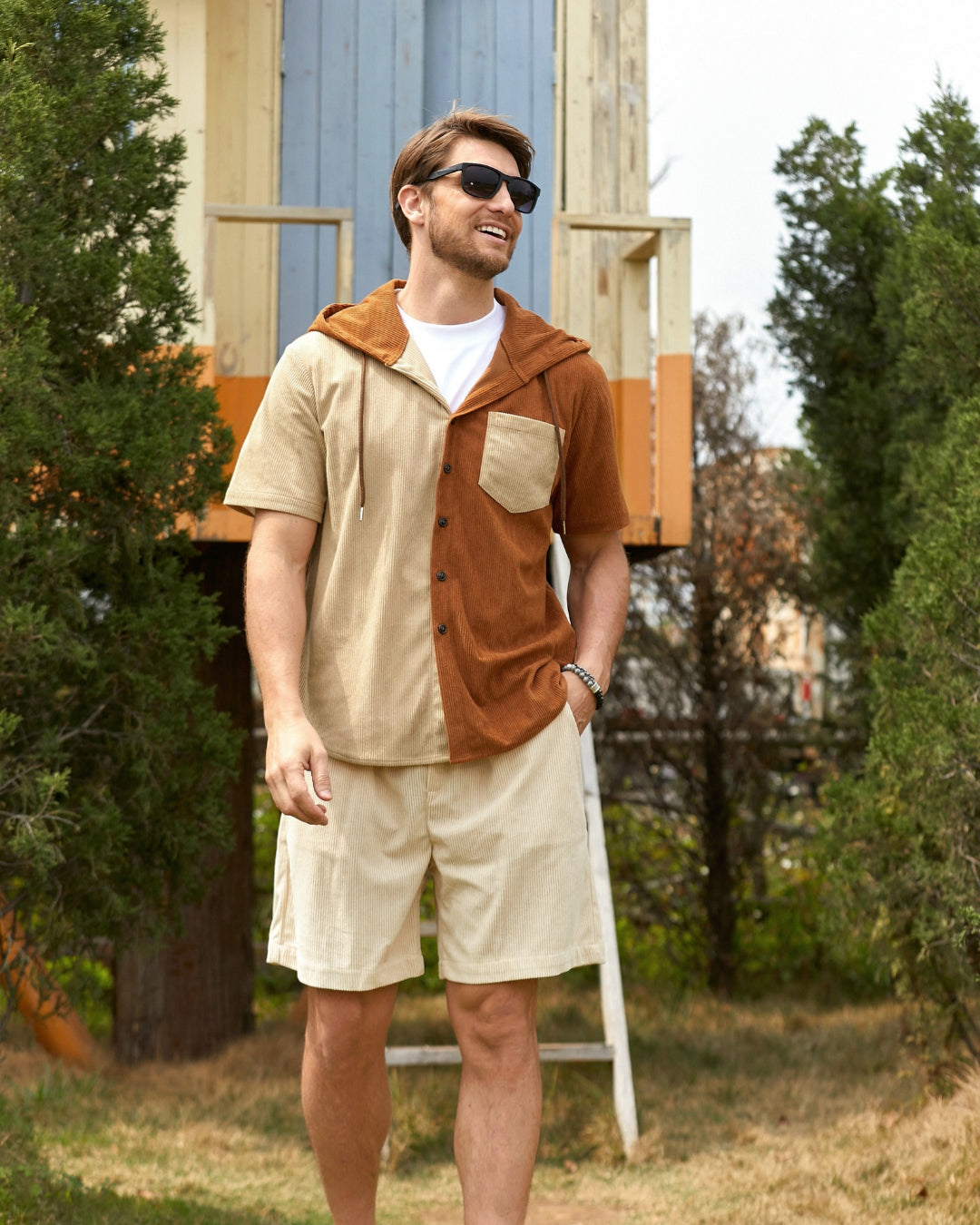 Lifestyle shot of model wearing OROMEN Canyon Corduroy Hooded Shirt