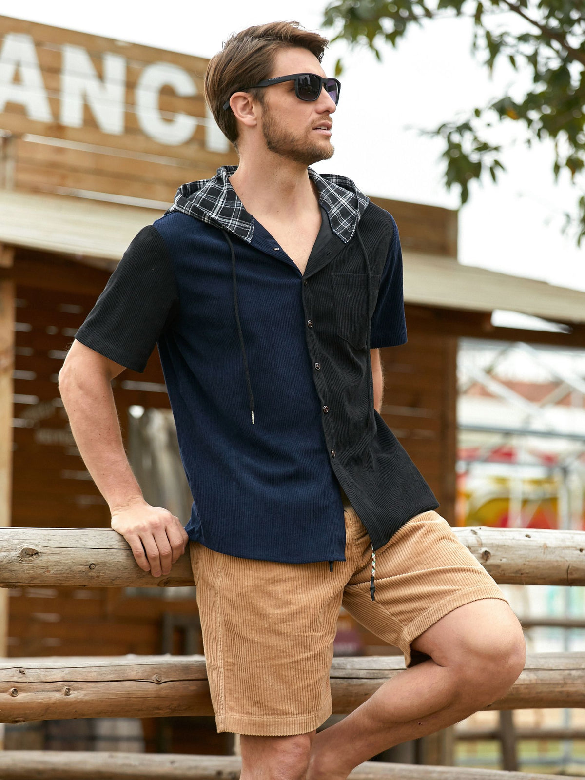 Lifestyle shot of model wearing OROMEN Lodge Corduroy Hooded Shirt