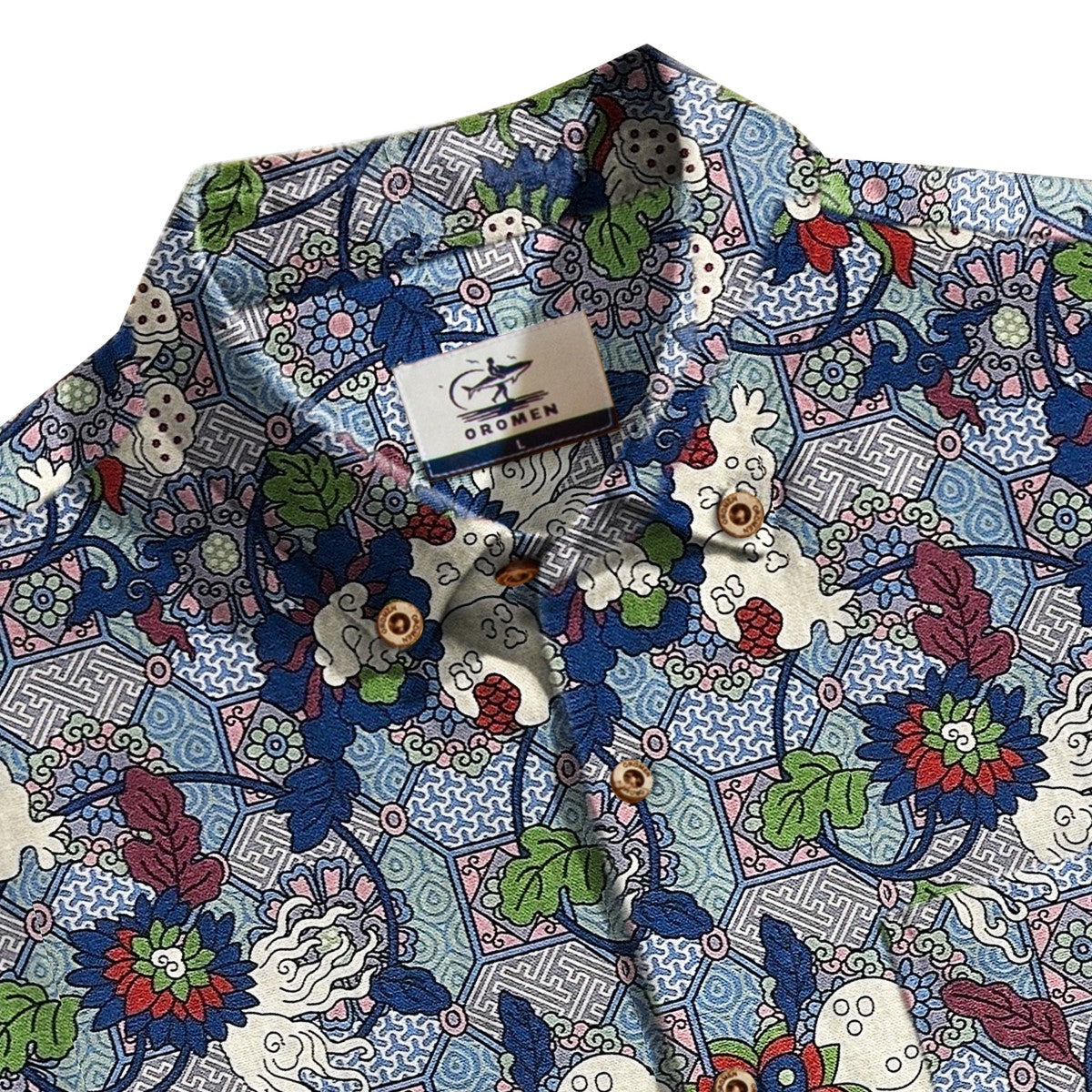 Lotus Flower Hawaiian shirt button-down collar with natural coconut buttons detail