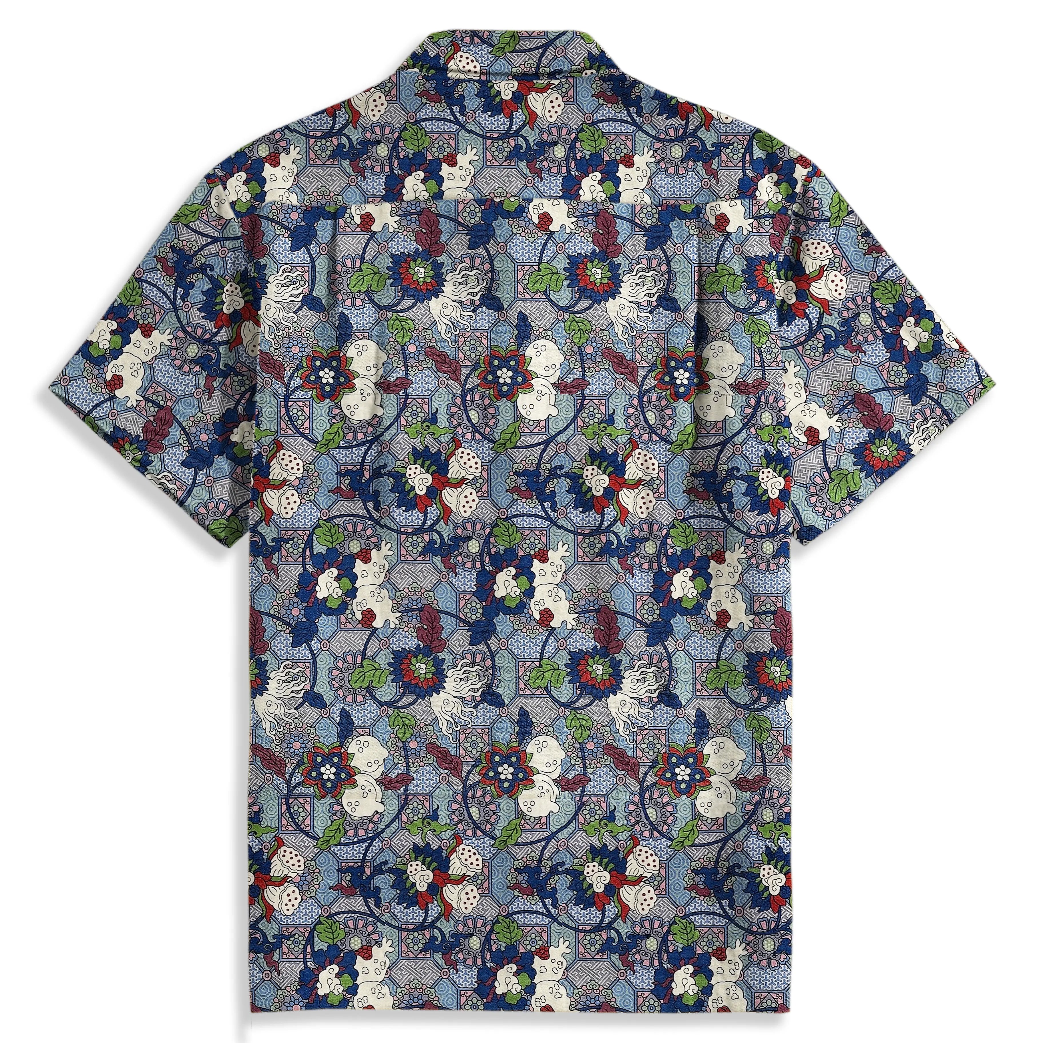 Lotus Flower aloha shirt back view with box pleat and Chinese motif detail