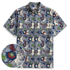 Lotus Flower blue cotton aloha shirt with Chinese landscape hand-painted print