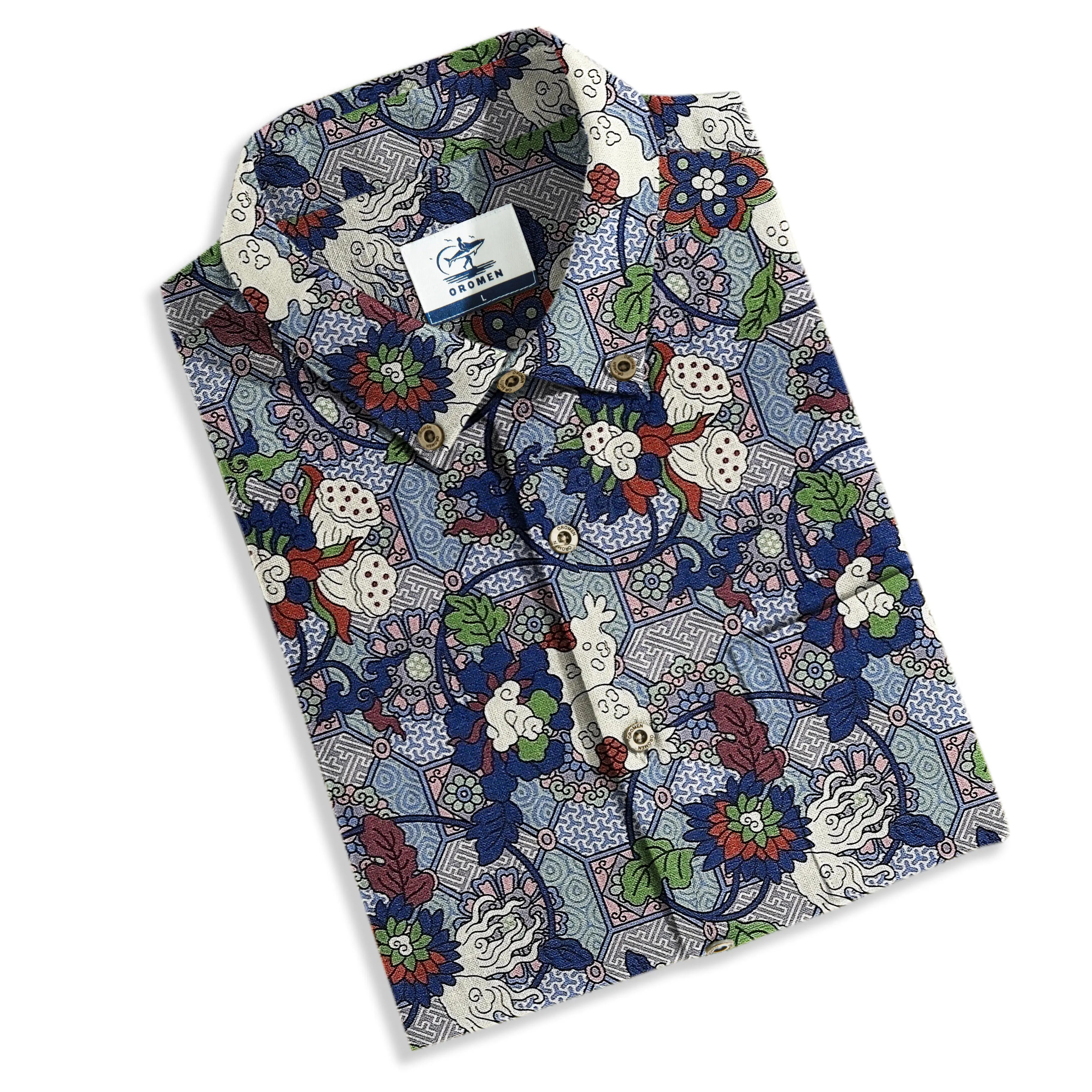 Lotus Flower cotton Hawaiian shirt folded view showing full pattern design