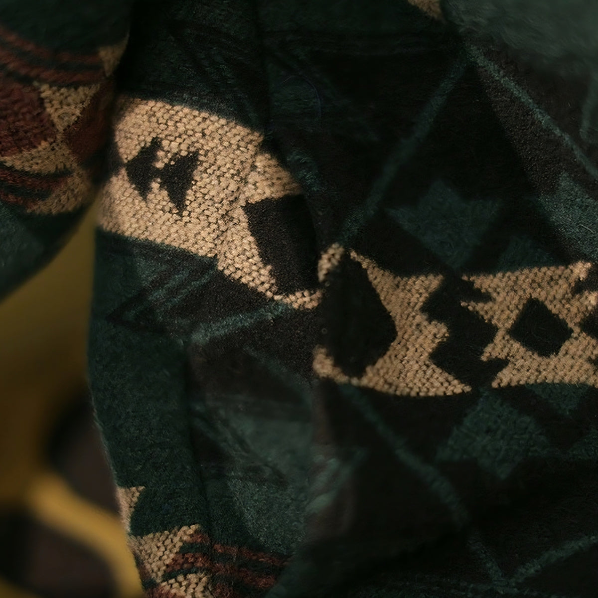 Macro detail of OROMEN KIMONO018 jacquard brushed fabric, navy woven threads, raised texture surface, 100% cotton Japanese craftsmanship