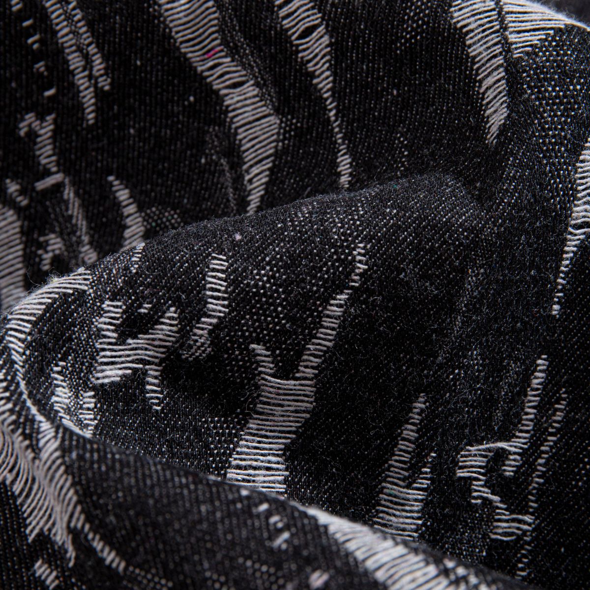 Macro detail of jacquard crackle fabric, OROMEN KIMONO015, black and charcoal woven texture