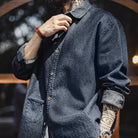 Male model wearing OROMEN OROAW042 Checkered Jacquard Shirt, front view, navy blue check pattern, relaxed open-collar fit, sizes S–2XL