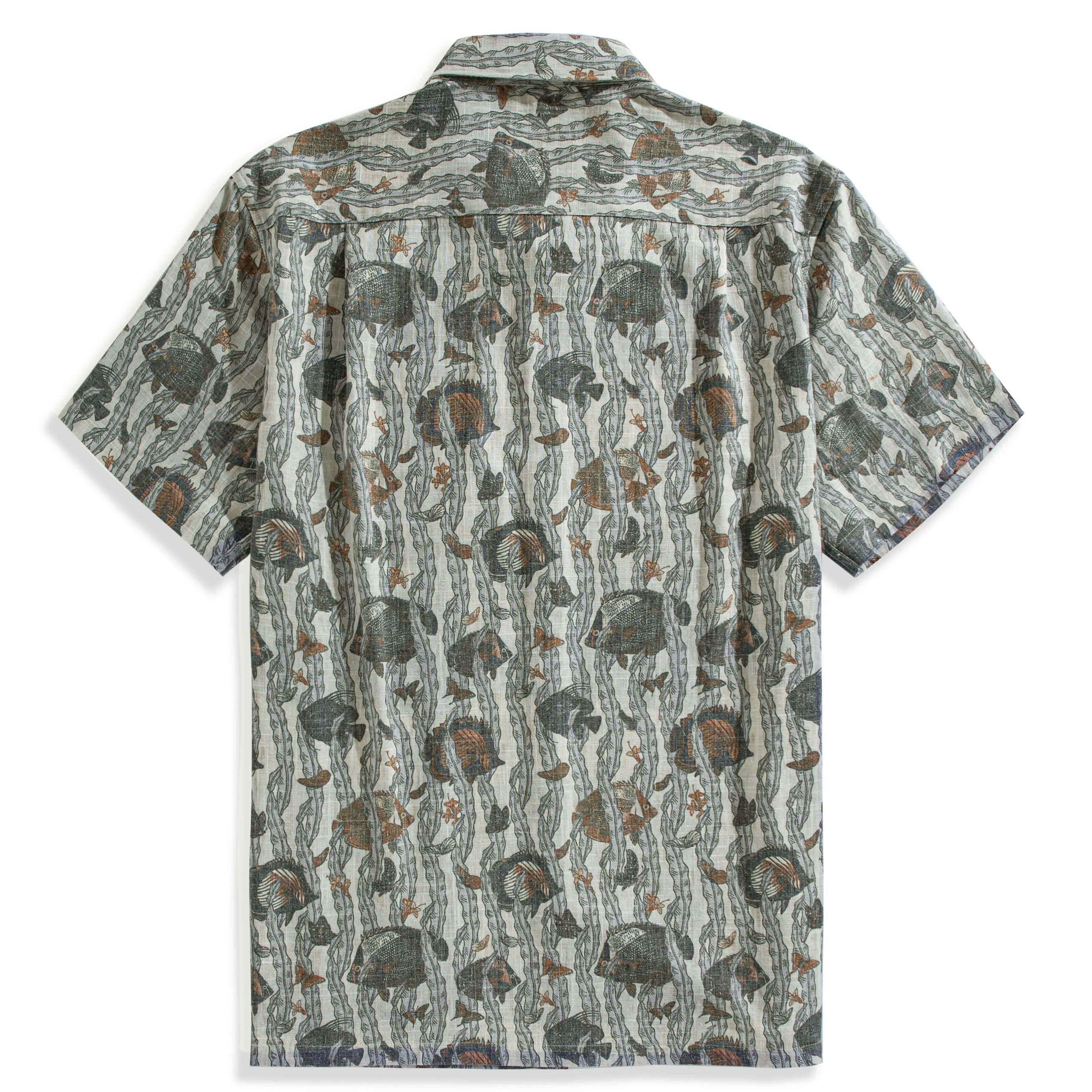 Marine Life grey aloha shirt flat lay - Japanese ocean-inspired pattern