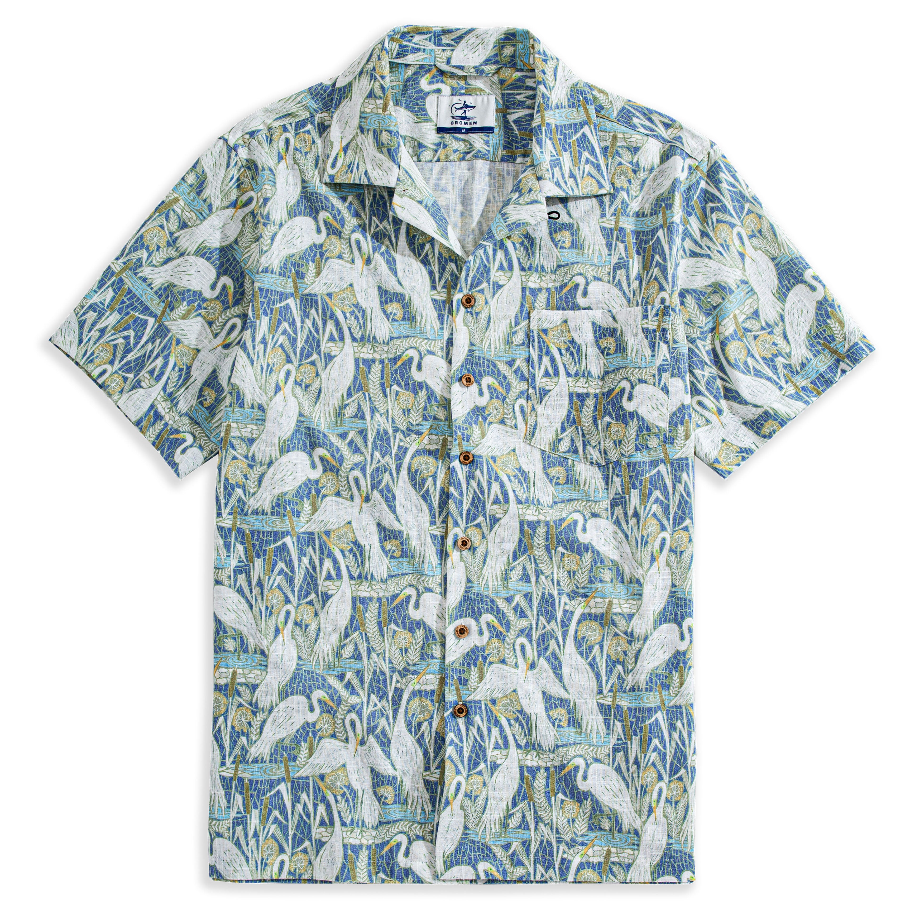 Matsuma Crane linen aloha shirt with Japanese Ukiyo-e pine and crane print