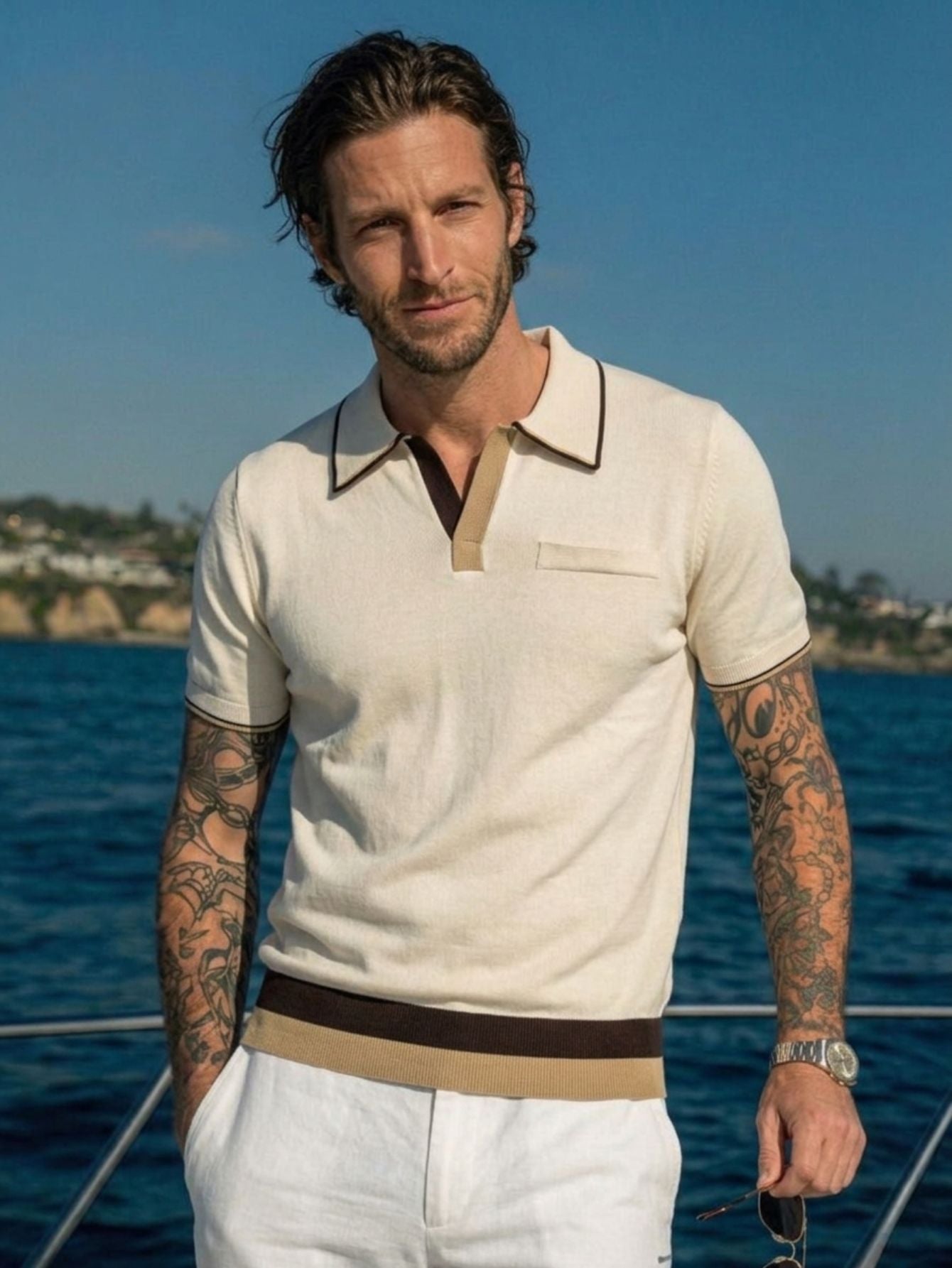 Men's off-white retro color-blocked knit polo shirt - Model wearing image - OROMEN