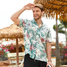 Midsummer Hawaiian shirt front view on model - lush foliage and flowers print