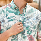 Midsummer aloha shirt casual styling - botanical print detail on model