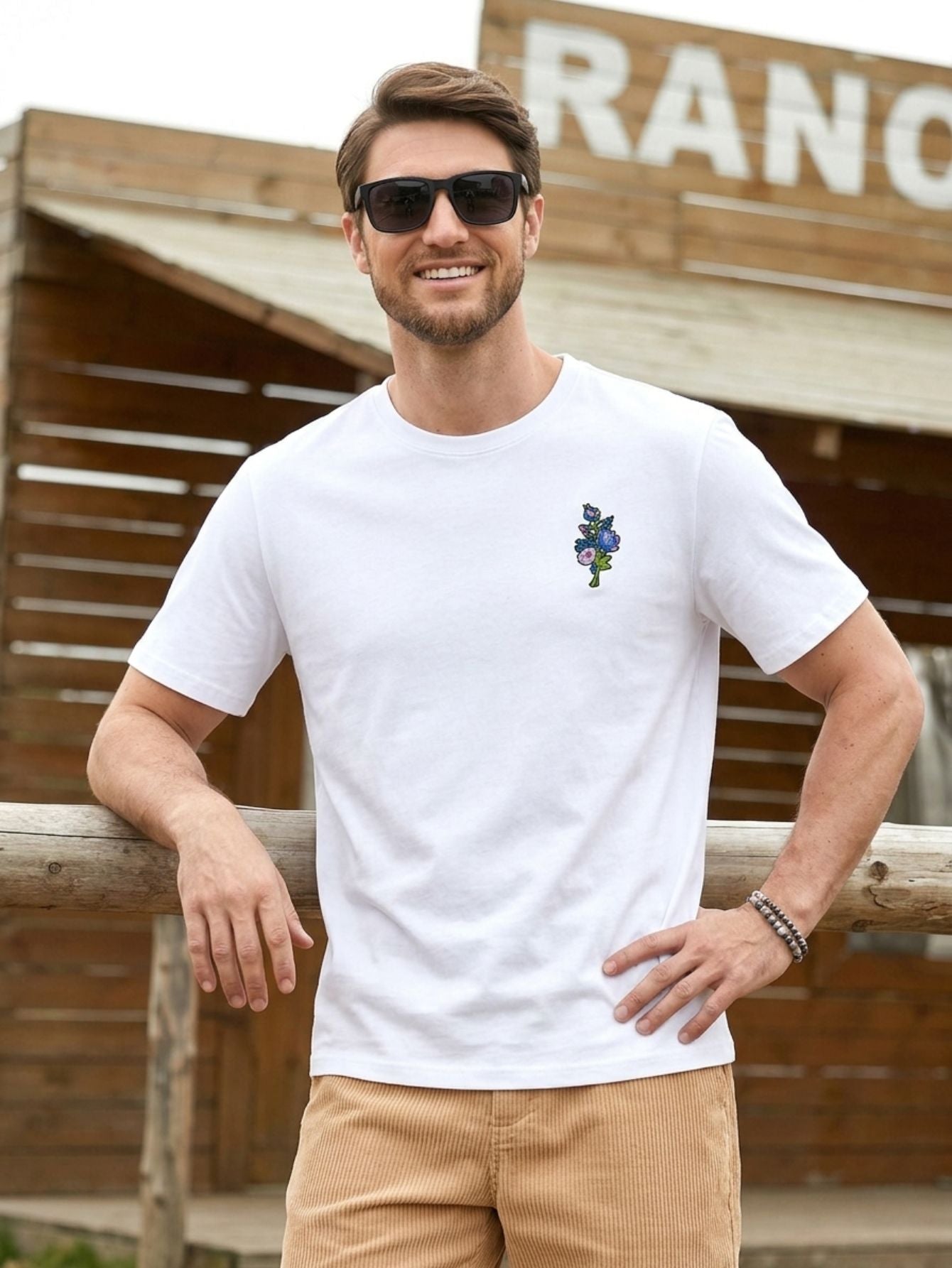 Model Image - OROMEN White Floral Embroidered T-Shirt