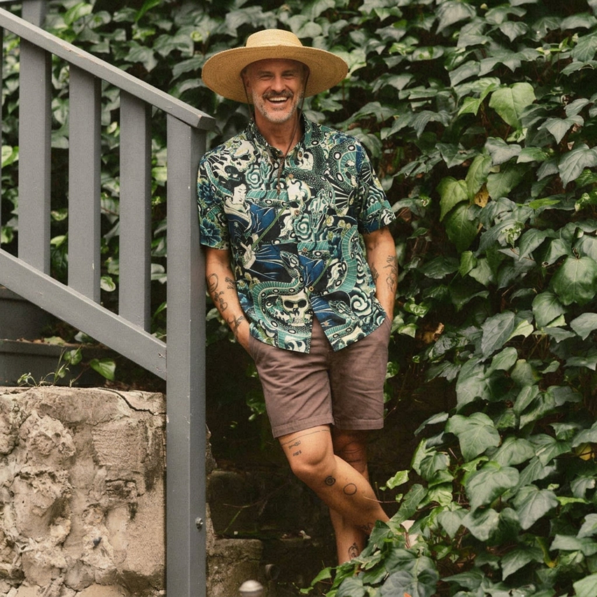 Model Wearing Geisha Skull Snake Short Sleeve Button-Down Shirt