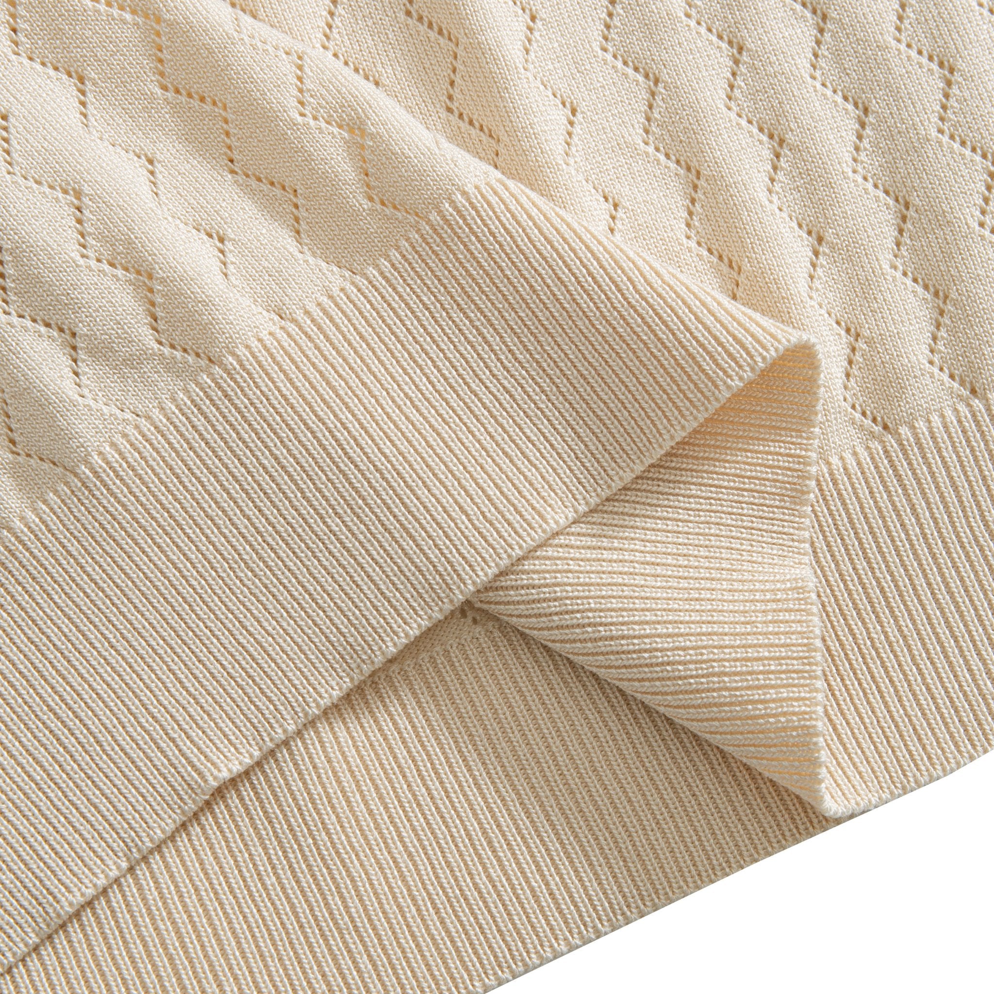 Model Wearing OROMEN Zigzag Hollow Knitted Polo Shirt in Beige