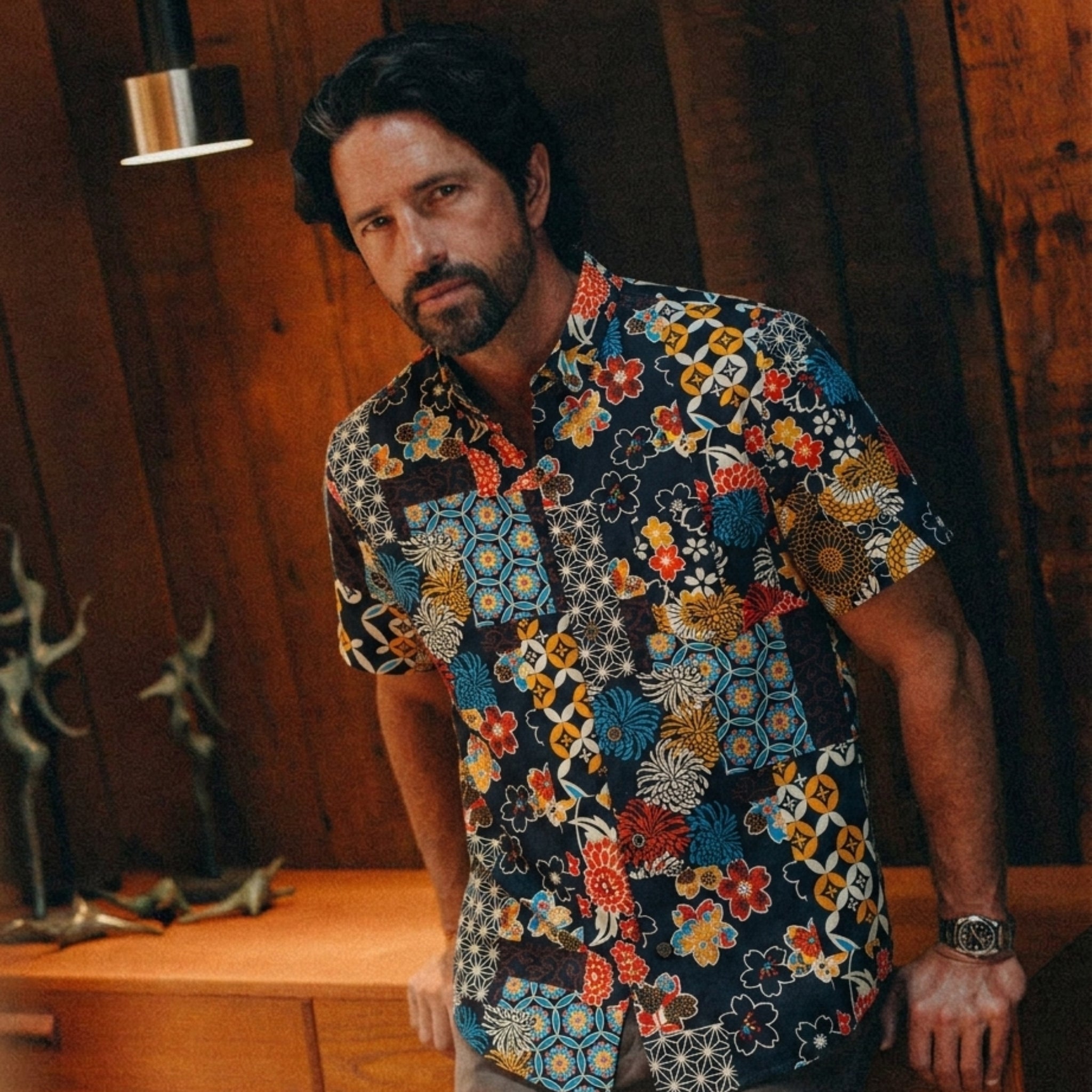 Model Wearing Ukiyo-e Heritage Patchwork Shirt