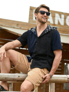 Model seated wearing OROMEN Lodge Corduroy Hooded Shirt
