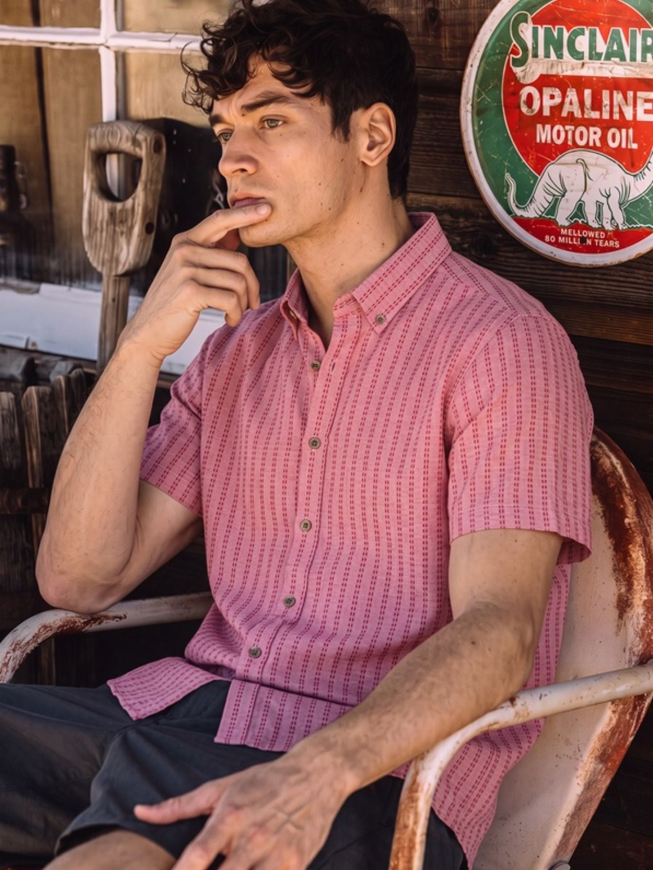 Model showcase - OROMEN sashiko striped shirt, rose pink cotton fabric adorned with deep red running stitch stripes.