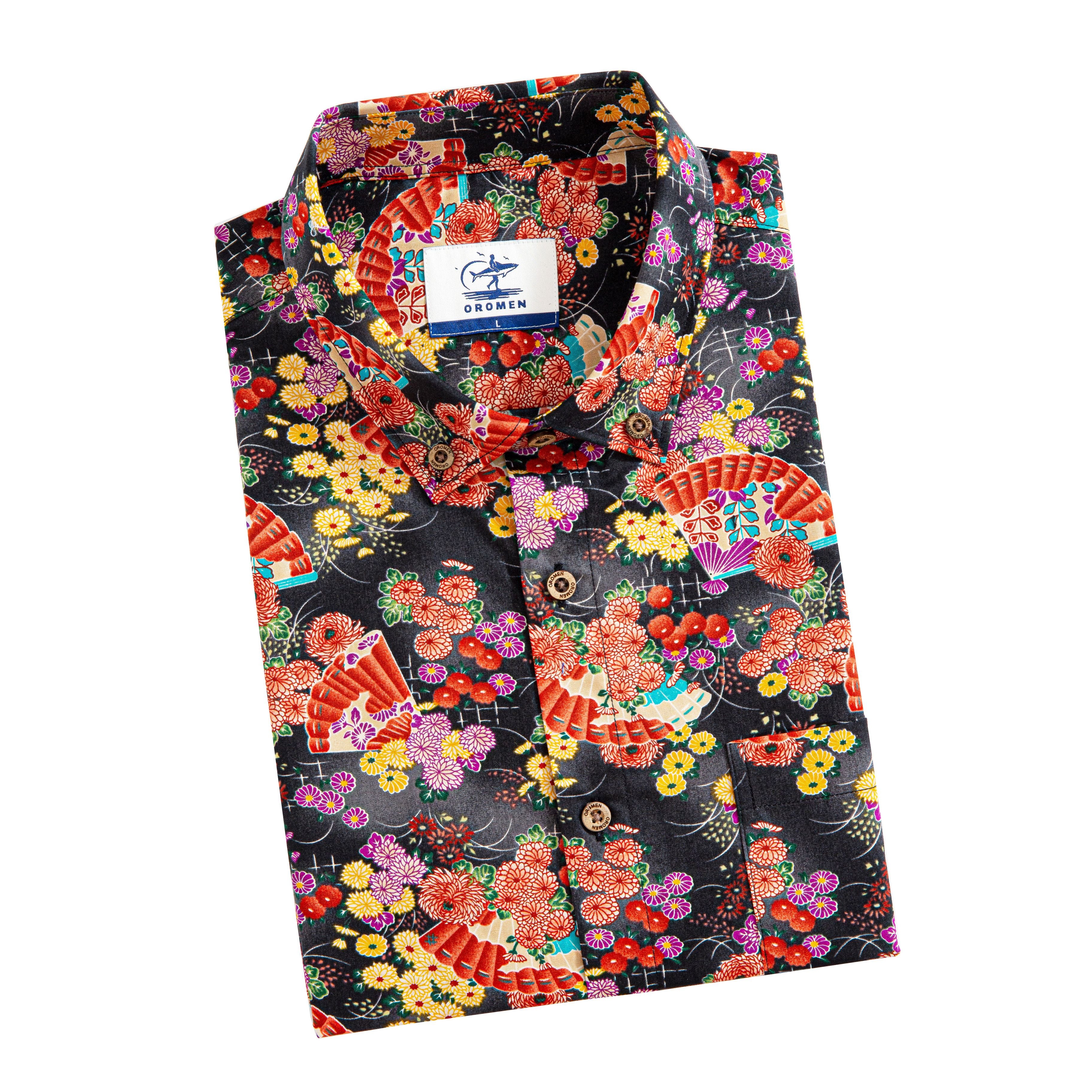 Model wearing Cherry Blossoms Blizzard Japanese-inspired casual shirt