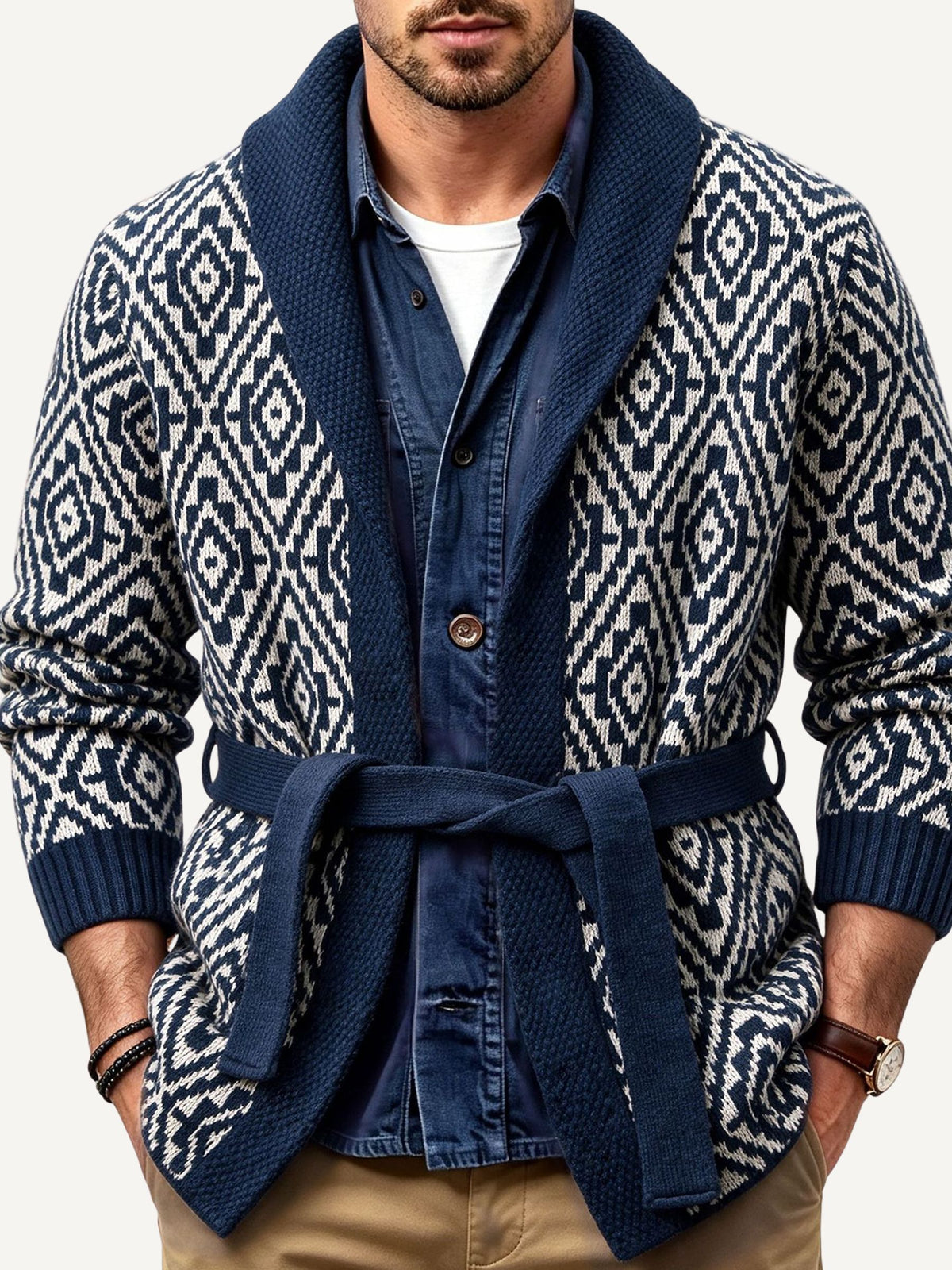 Model wearing OROMEN Jacquard Tie-Front Knit Cardigan styled with casual outfit, on-figure lifestyle view