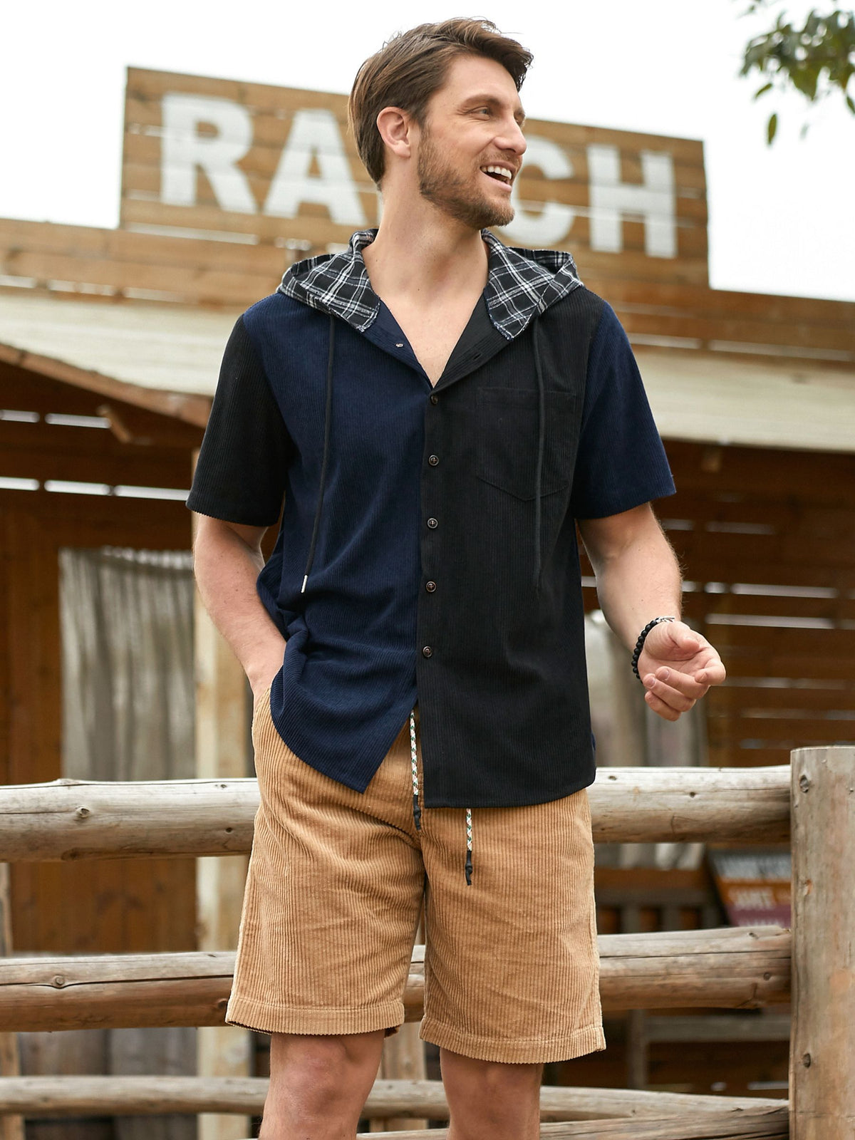 Model wearing OROMEN Lodge Corduroy Hooded Shirt