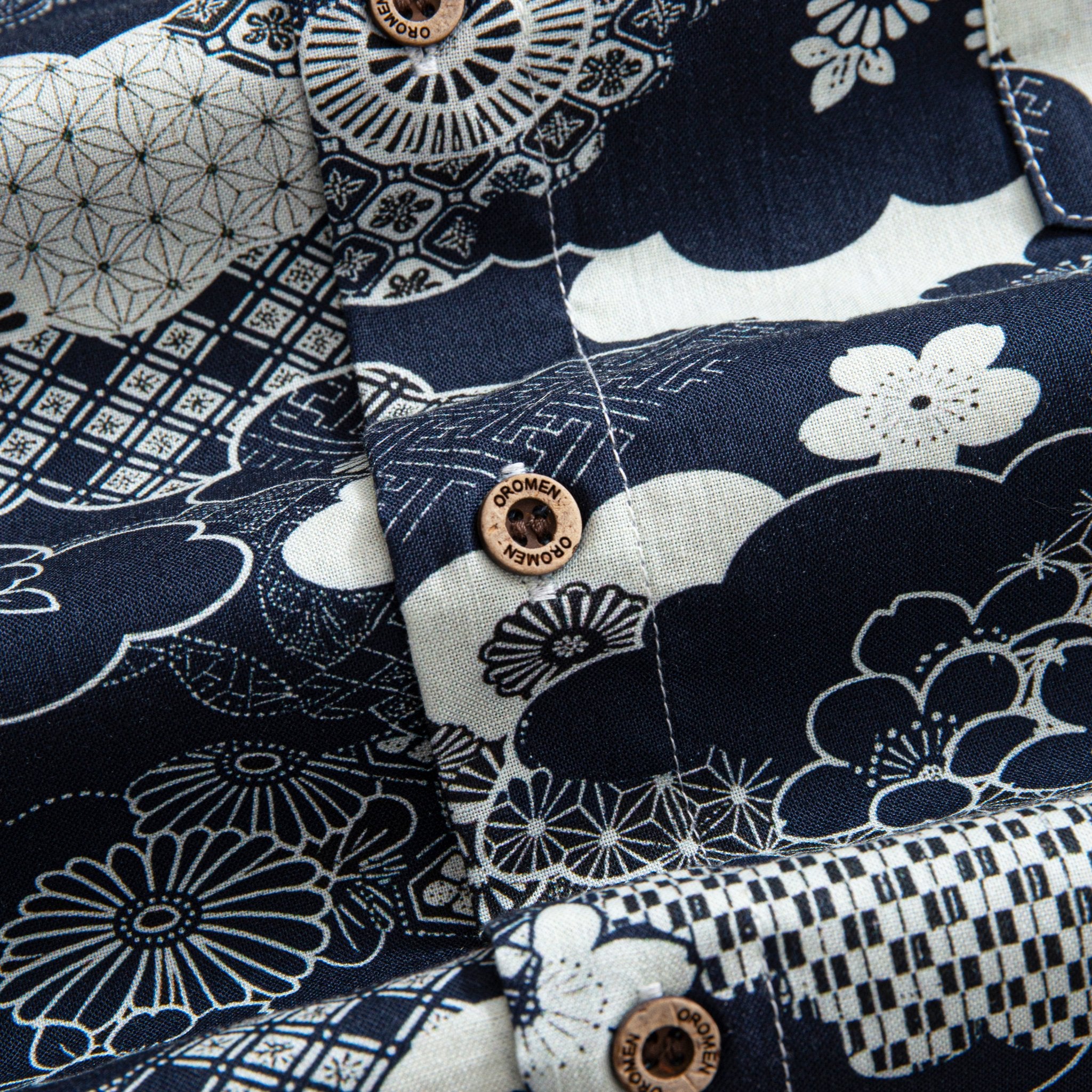 Model wearing OROMEN Seigaiha Asanoha Sakura Japanese pattern shirt – front styling