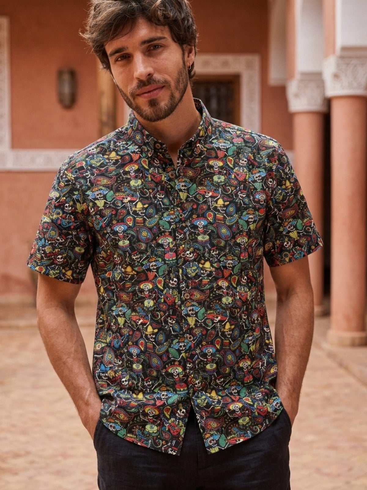 Model wearing OROMEN Sugar Skulls cotton short-sleeve shirt in casual summer fit