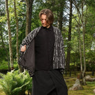 Model showing interior and exterior of OROMEN Crackle Kimono Jacket, contrast lining detail