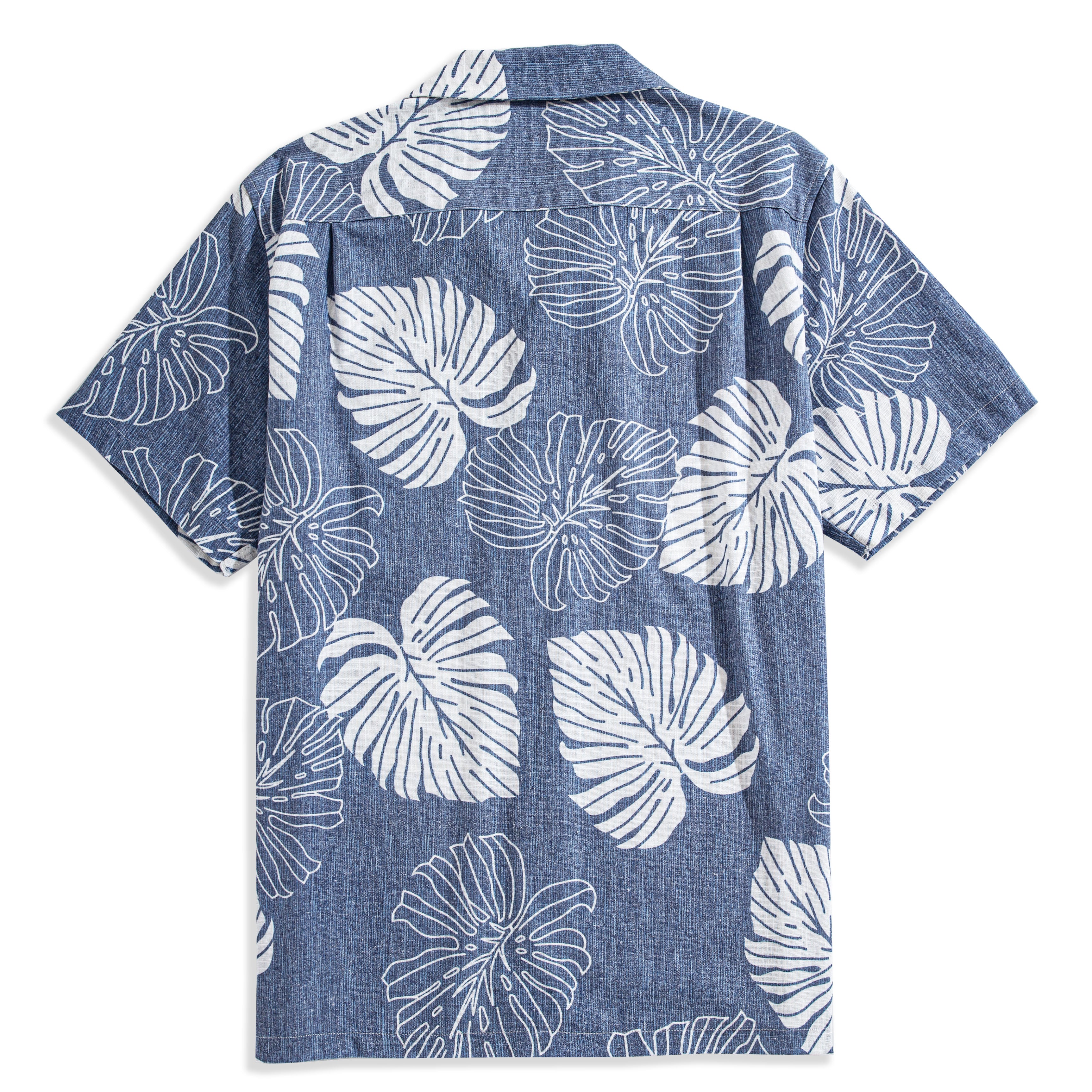 Monstera Deliciosa camp collar shirt flat lay showing full design