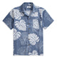 Monstera Deliciosa navy blue linen camp collar shirt with hand-painted botanical print