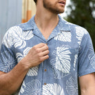 Monstera Deliciosa navy linen shirt back view showing botanical print placement