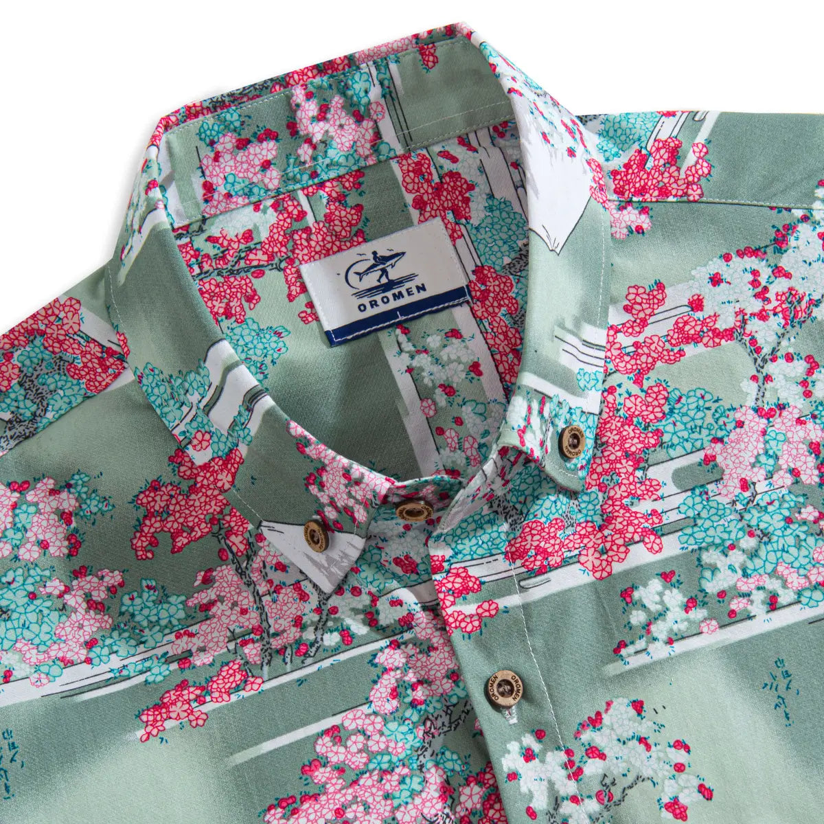 Mt. Fuji Cherry Blossom Aloha Shirt Green - Traditional Japanese Landscape Art