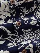 Natural coconut button closure and front placket detail of OROMEN Indigo Katazome Shirt