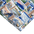 Natural coconut buttons and double needle stitching on Japanese postcard aloha shirt