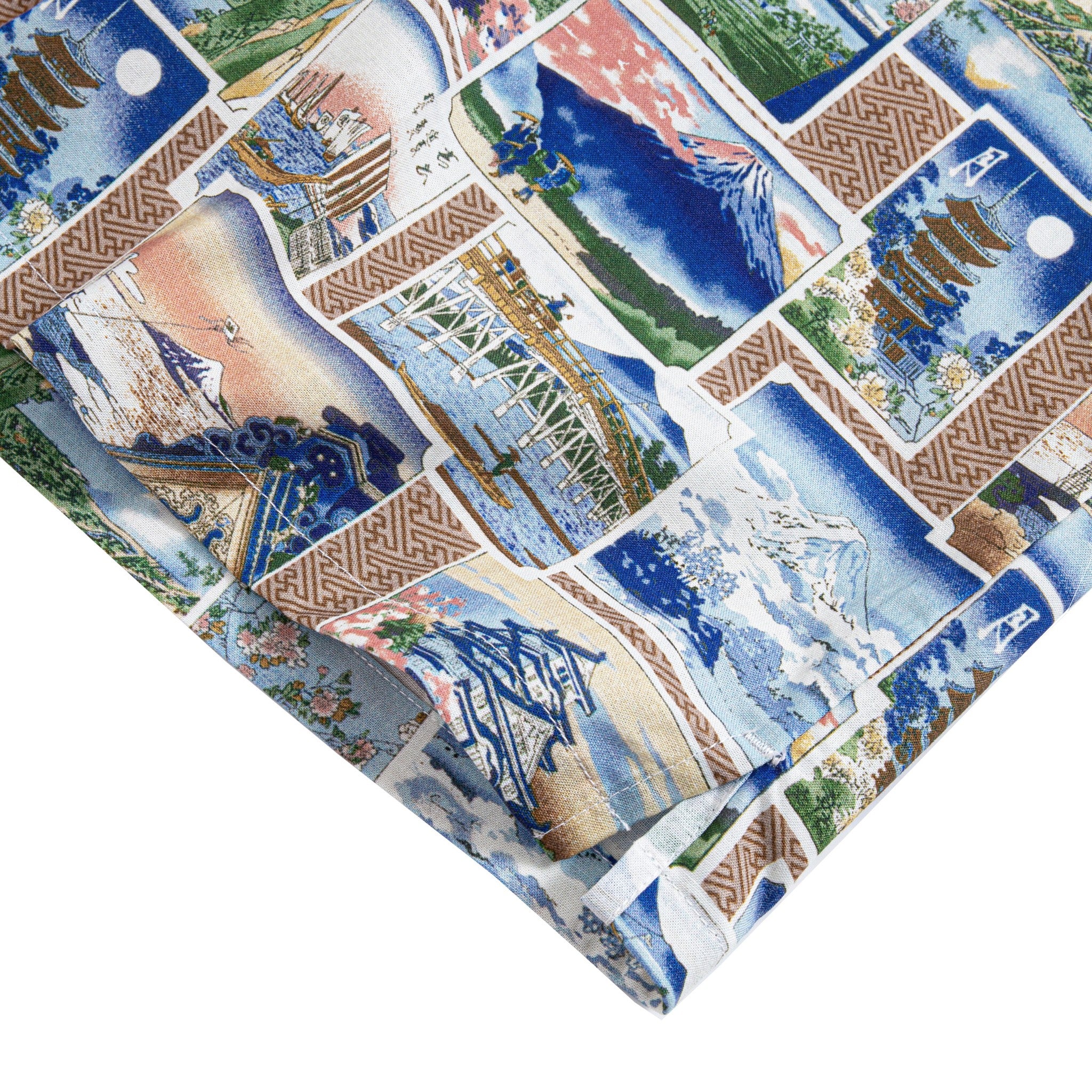 Natural coconut buttons and double needle stitching on Japanese postcard aloha shirt