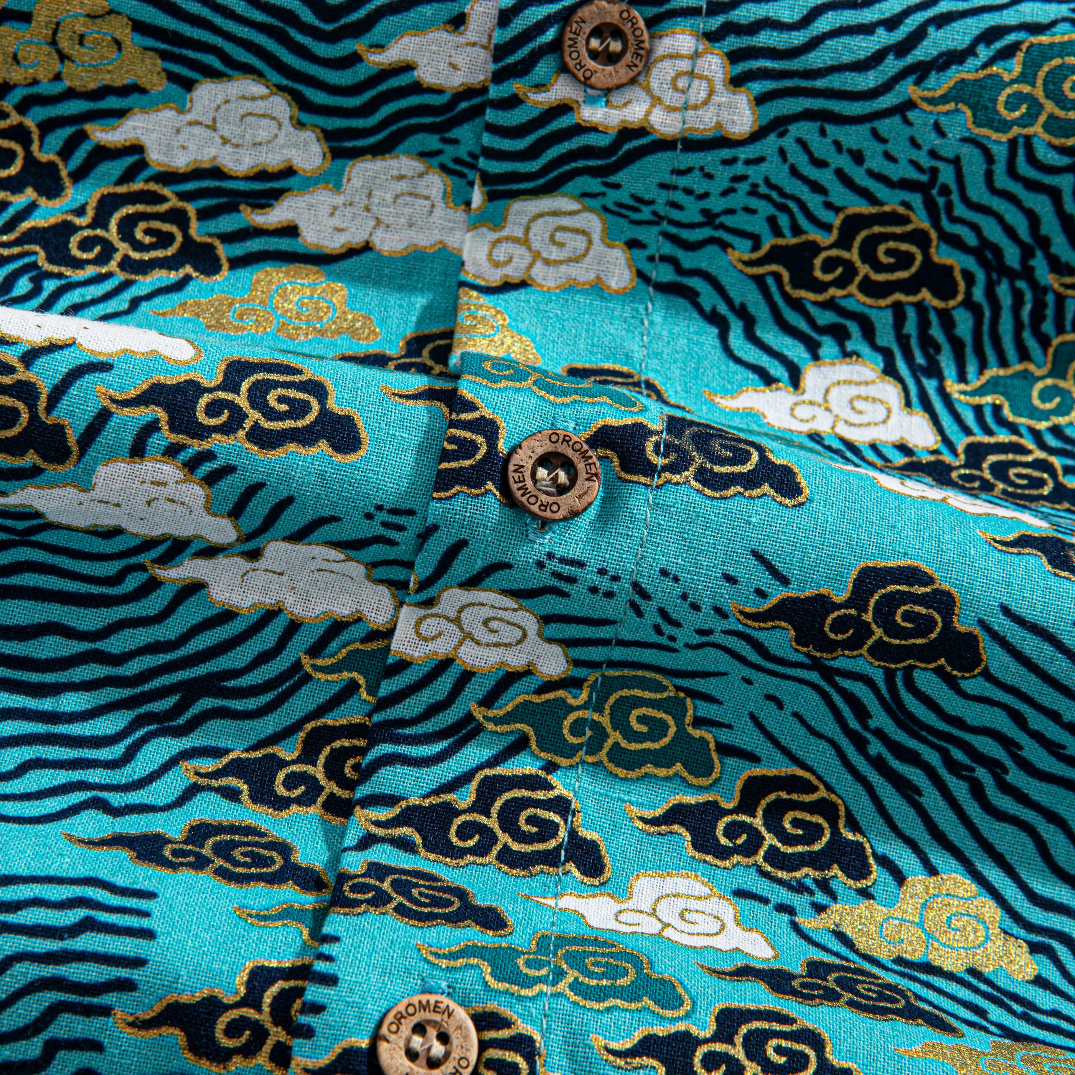 Natural coconut buttons on Auspicious Clouds Japanese shirt