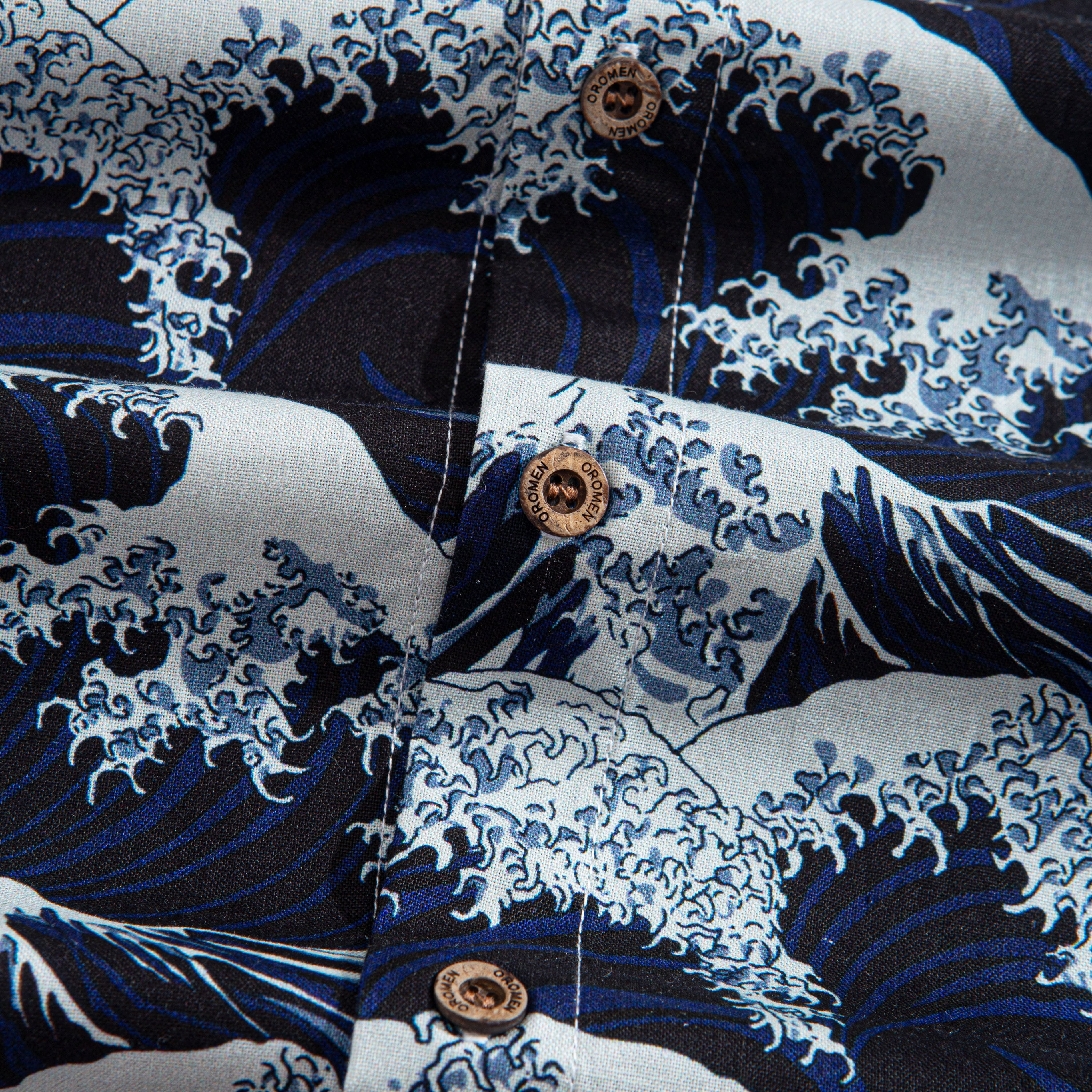 Natural coconut buttons on Great Wave Hokusai Ukiyo-e shirt