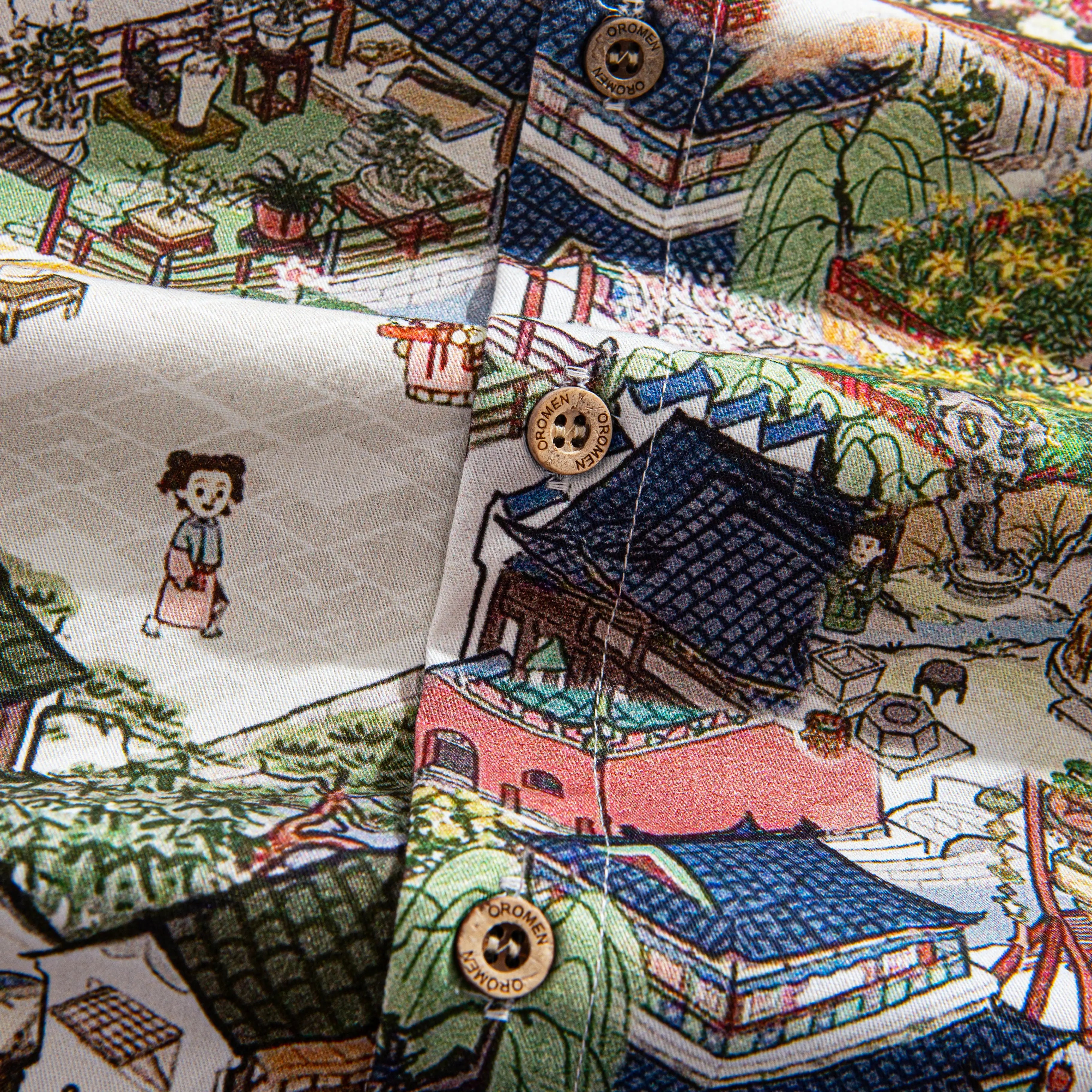 Natural coconut buttons on Oriental-inspired aloha shirt