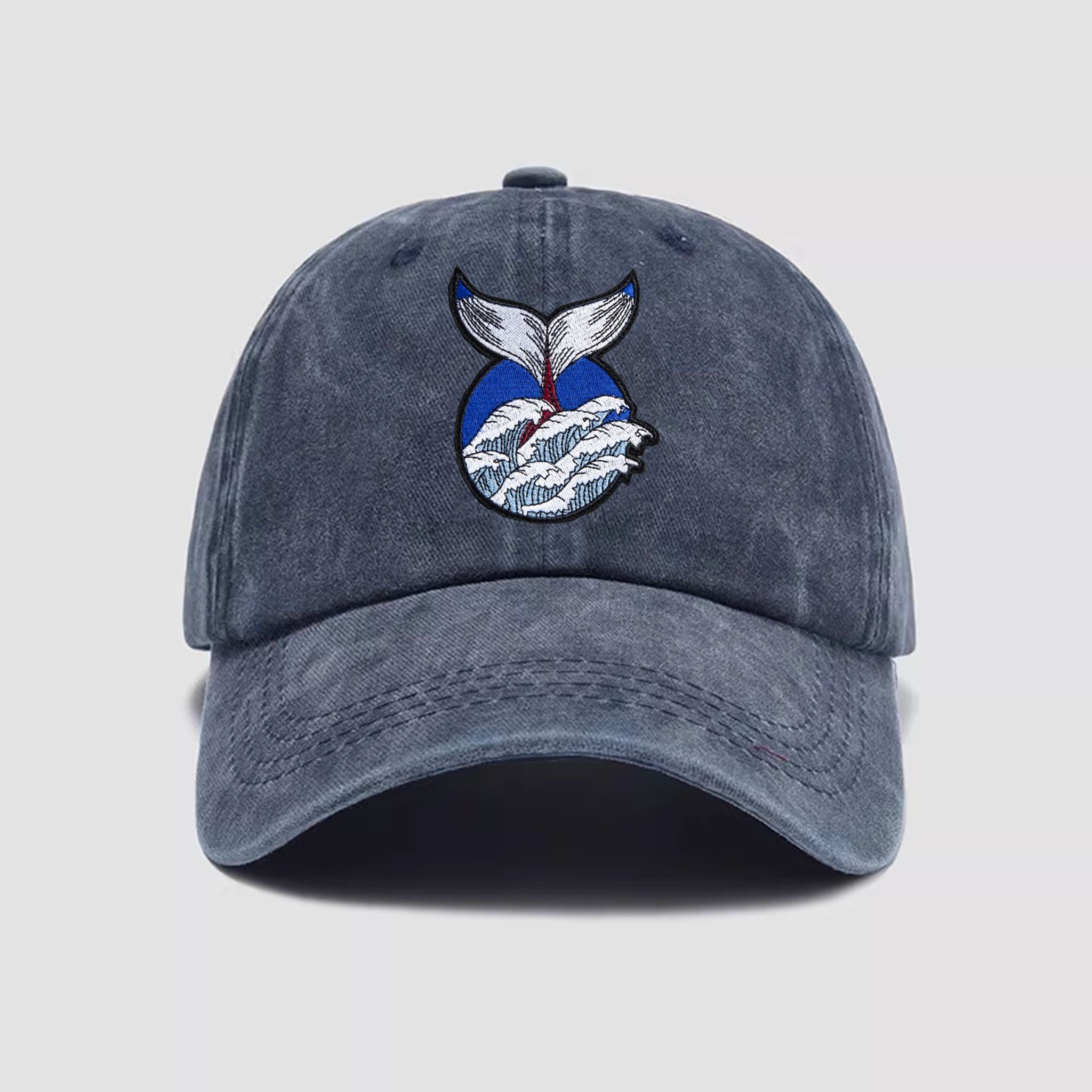 Navy blue Ukiyo-e whale tail wave embroidered baseball cap in washed cotton denim