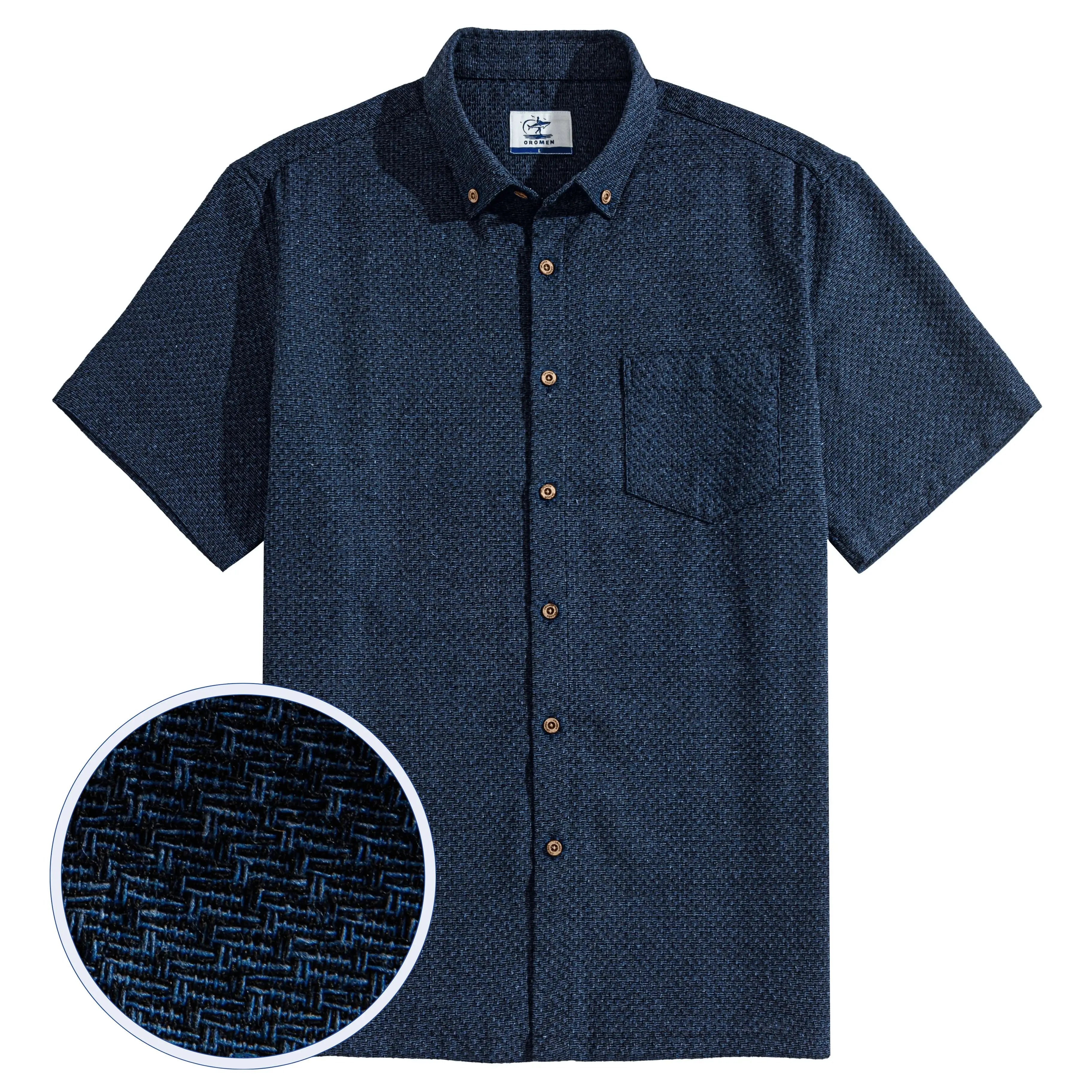 Navy cotton linen woven shirt - OROMEN breathable button-down casual shirt