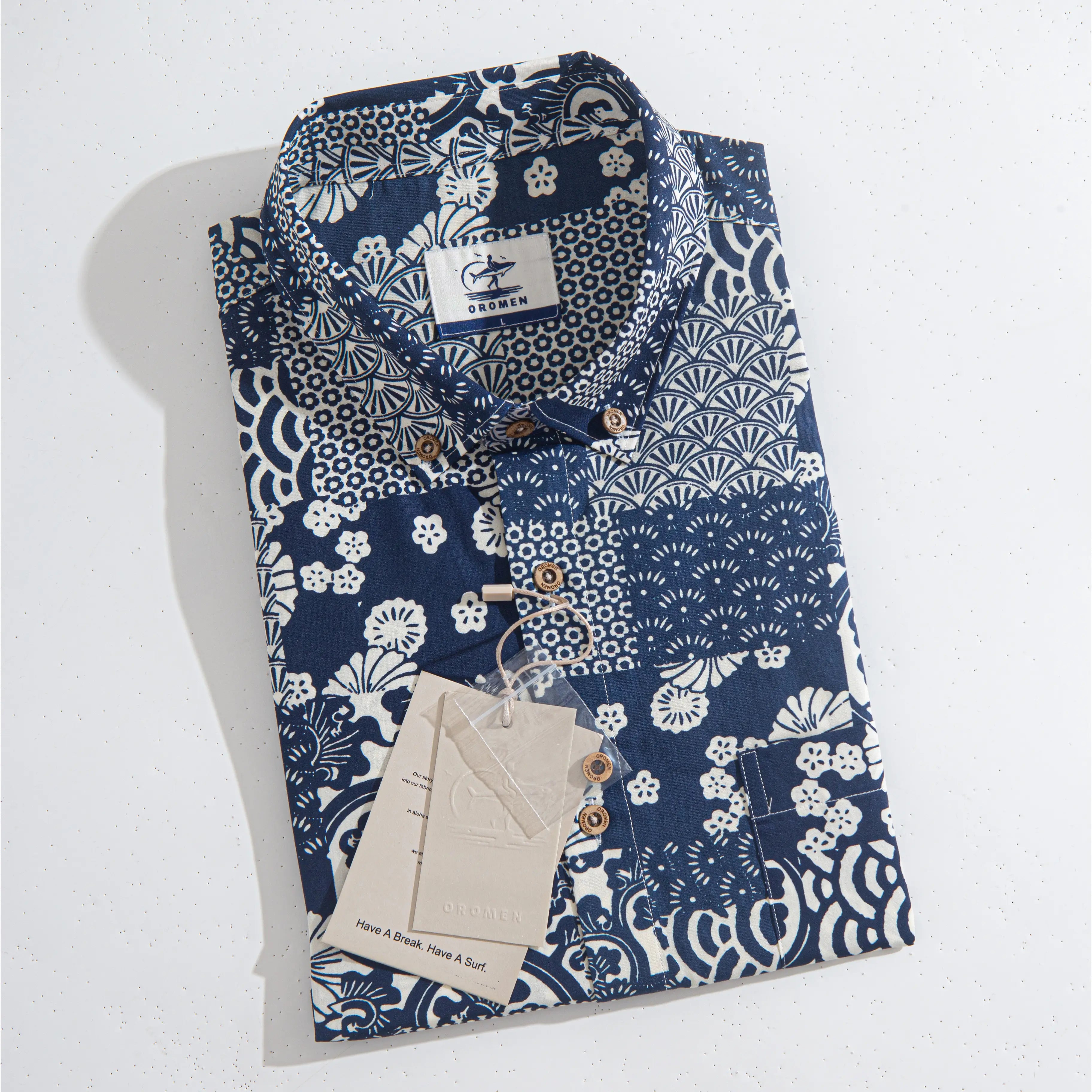 Navy ukiyoe collage aloha shirt full length view