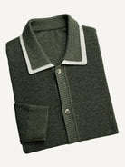 Neatly folded OROMEN Contrast Trim Polo Collar Knit Cardigan highlighting collar trim and fine ribbing